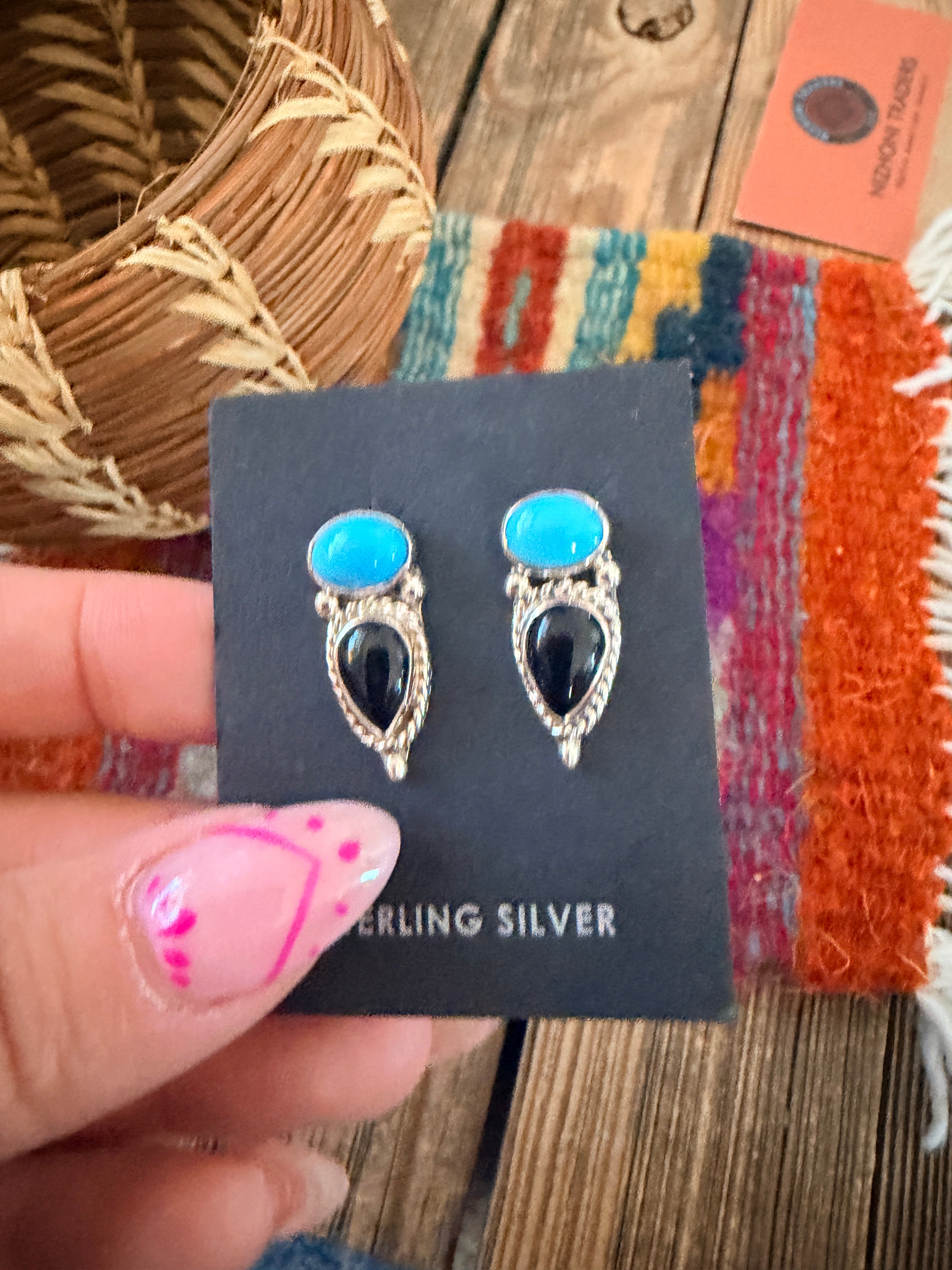 Handcrafted Turquoise, Onyx & Sterling Silver Stud Earrings by Jacqueline Silver