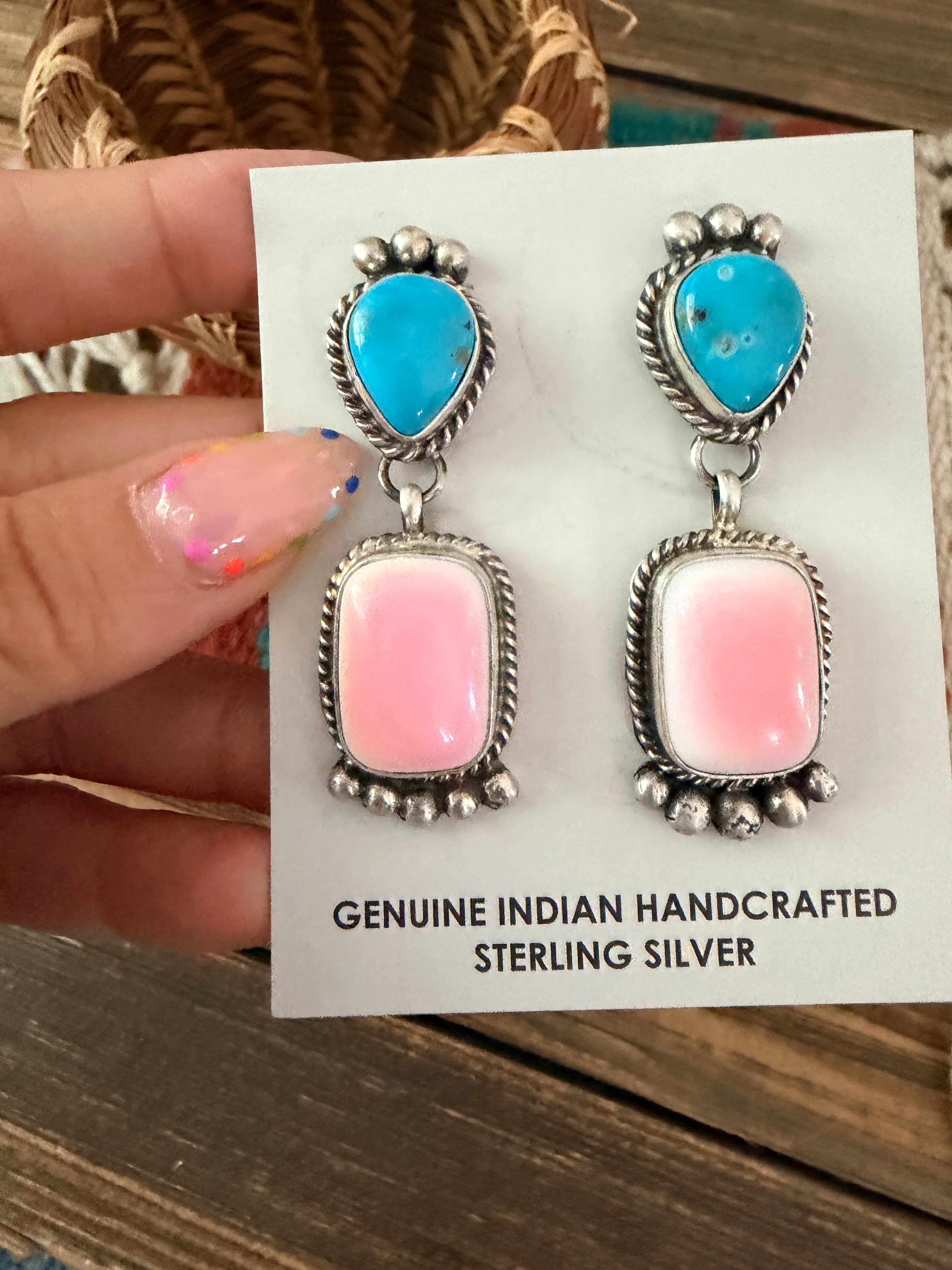 Handcrafted Sterling Silver, Turquoise & Queen Pink Conch Dangle Earrings by Vicky Hicks