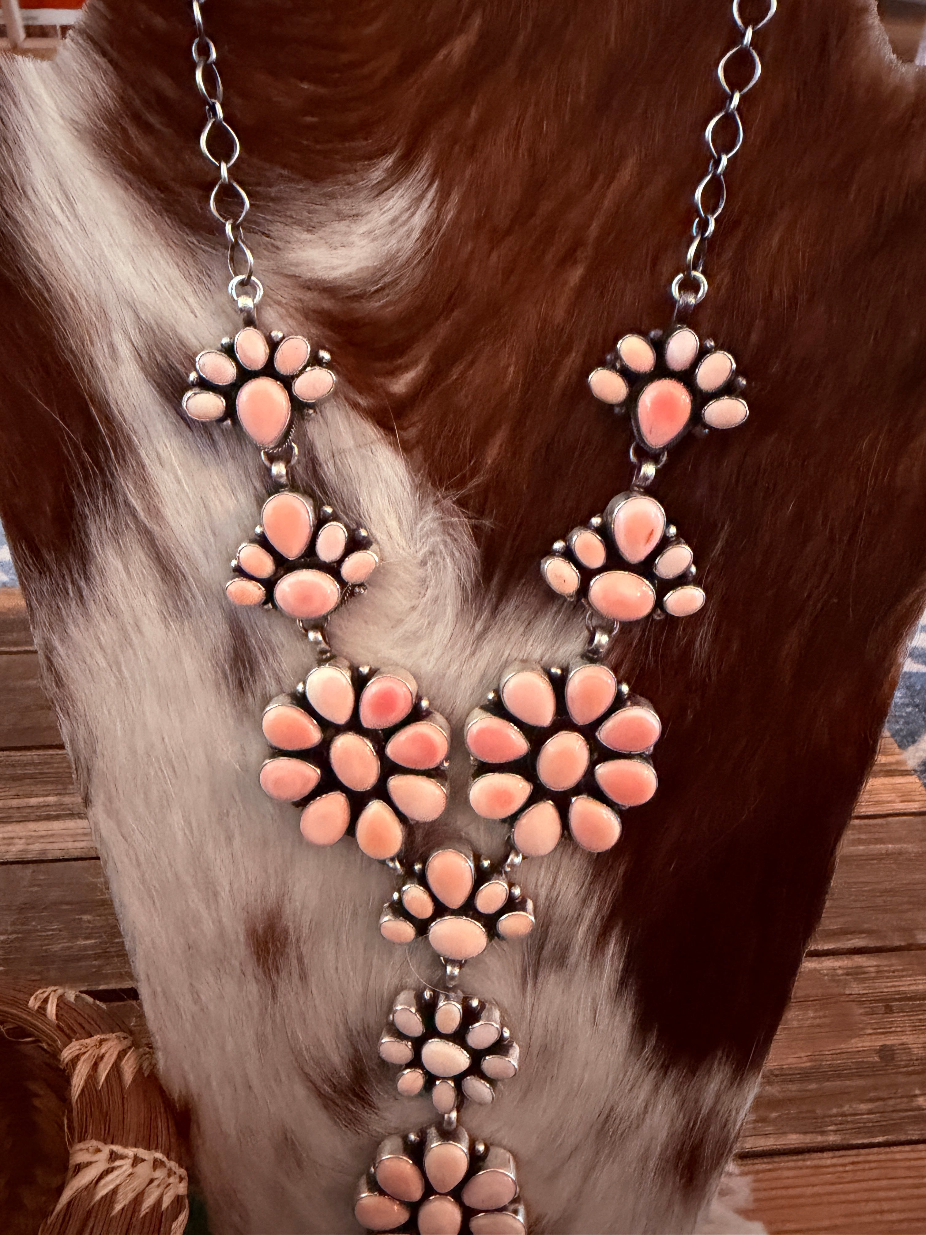 Handcrafted Queen Pink Conch & Sterling Silver Cluster Necklace and Earring Set