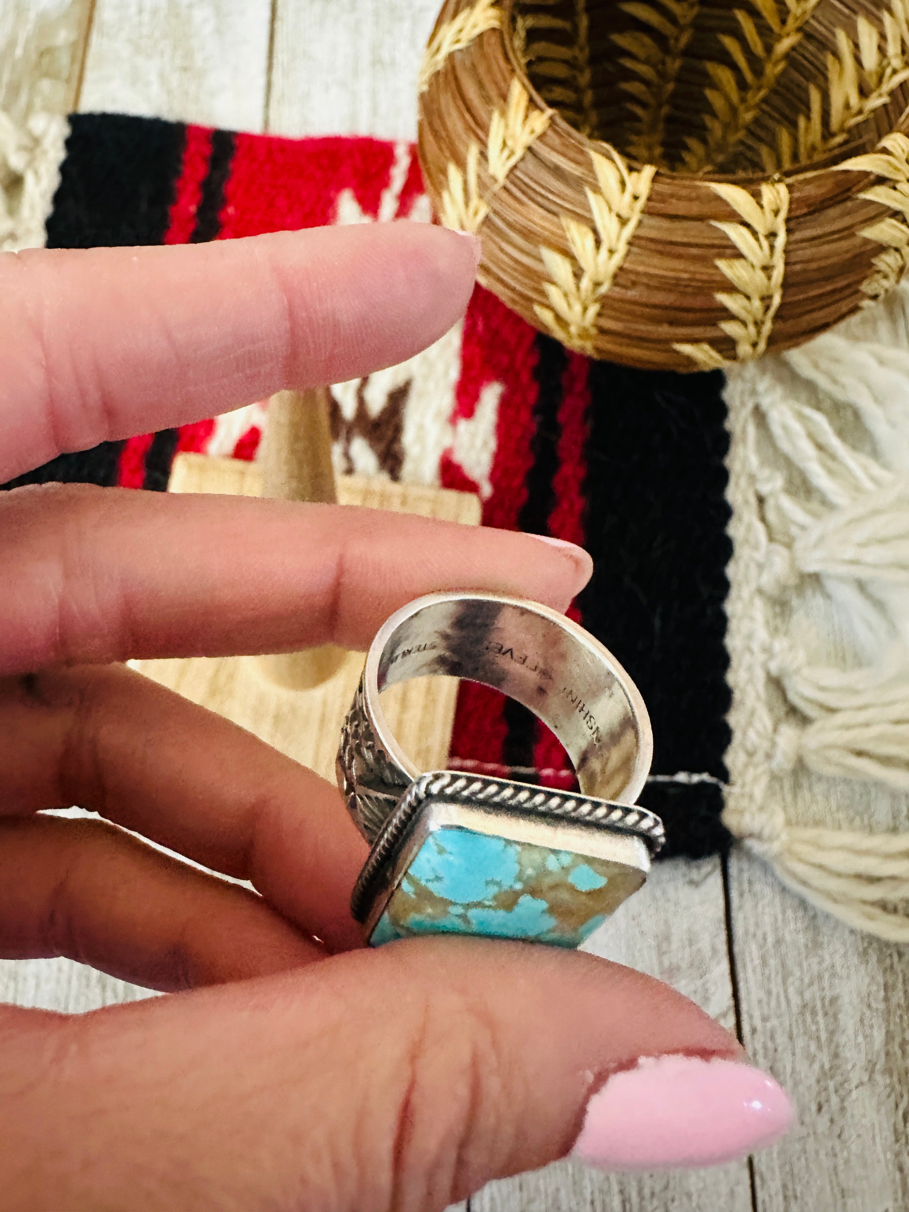 Handcrafted Sterling Silver & Turquoise Cigar Band Ring Size 12