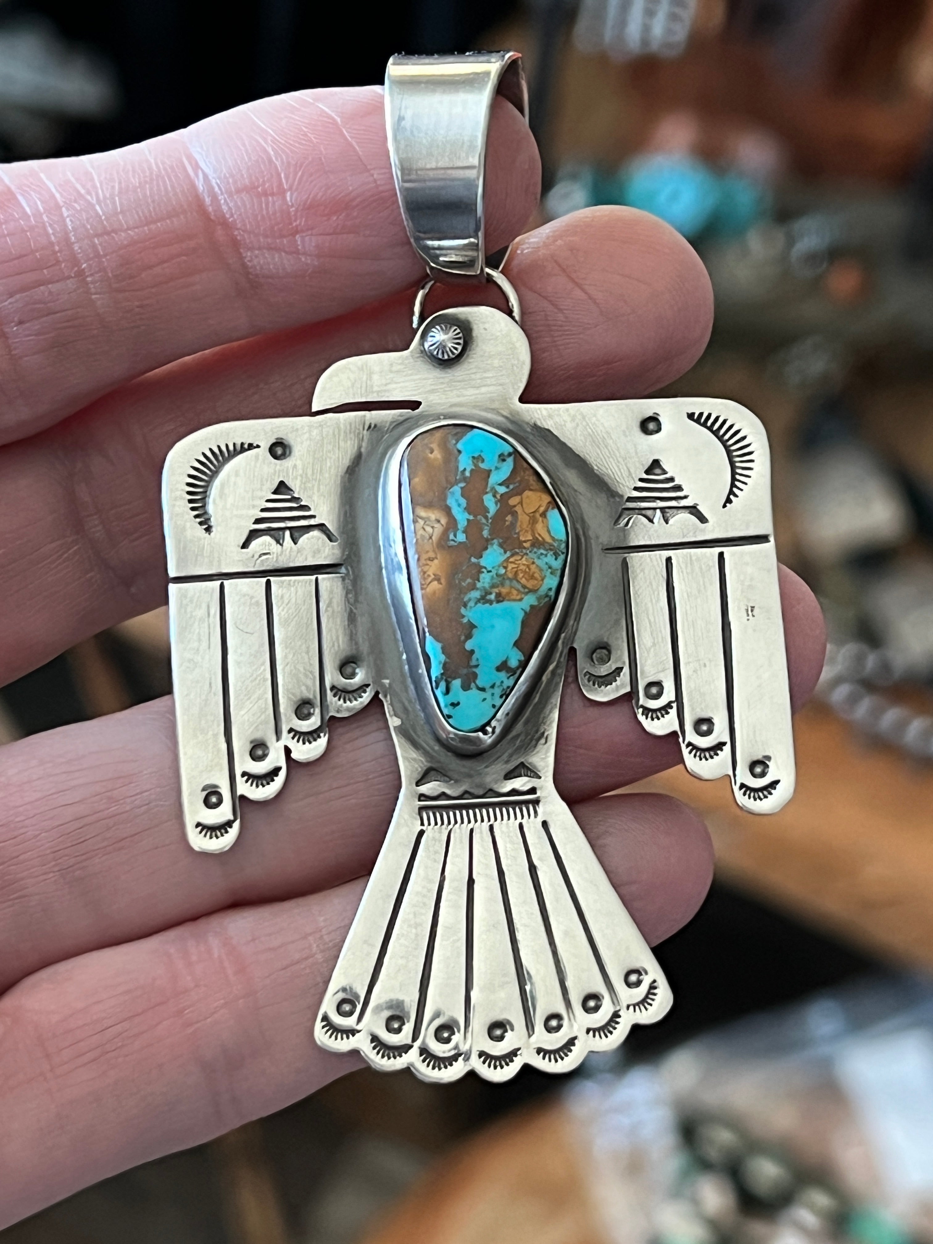 Hand Stamped Sterling Silver & Pilot Mountain Turquoise Thunderbird Pendant by Kimari Somers