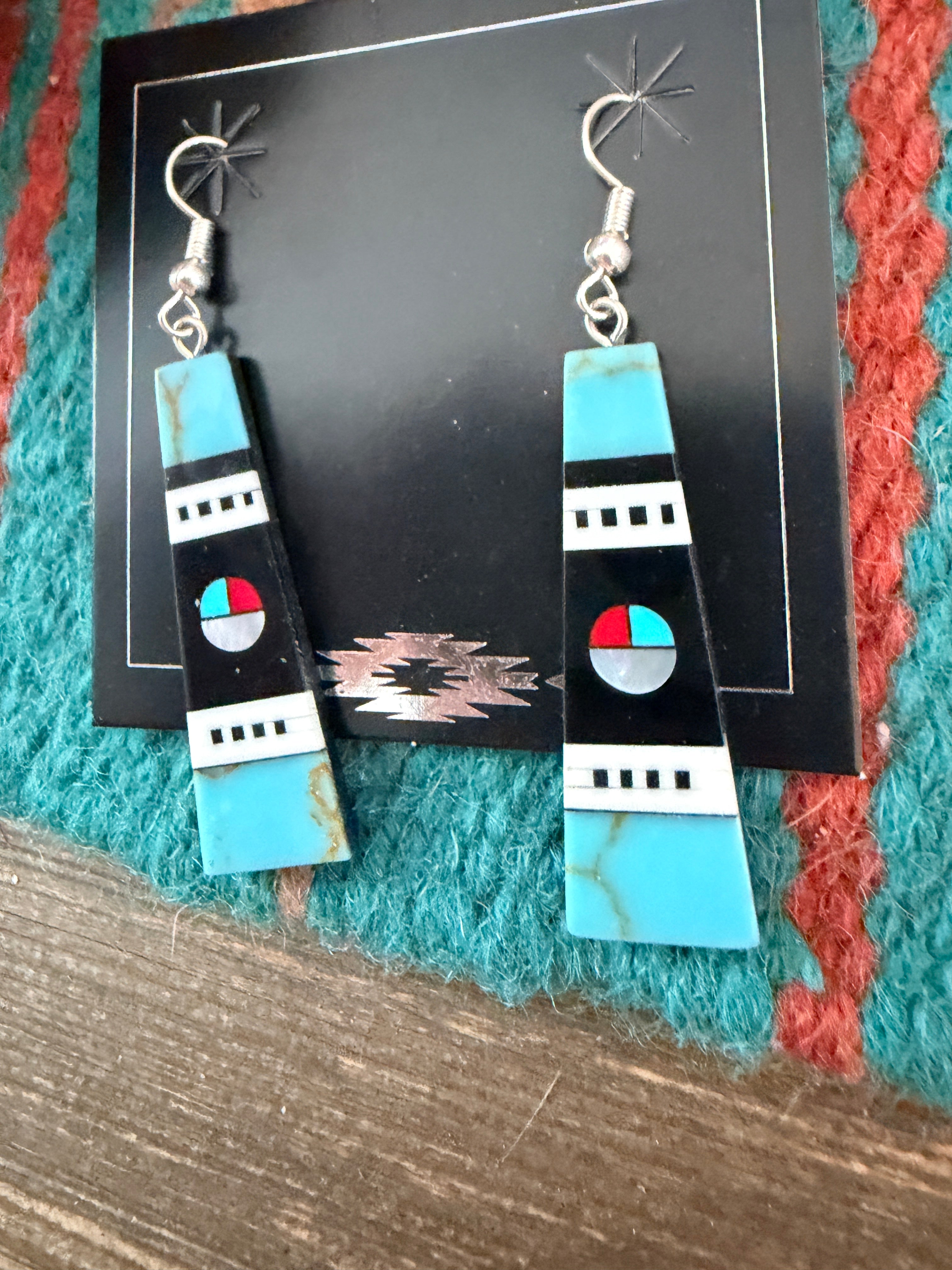 Old Pawn Handcrafted Sterling Silver & Multi Stone Inlay Sun Face Dangle Earrings
