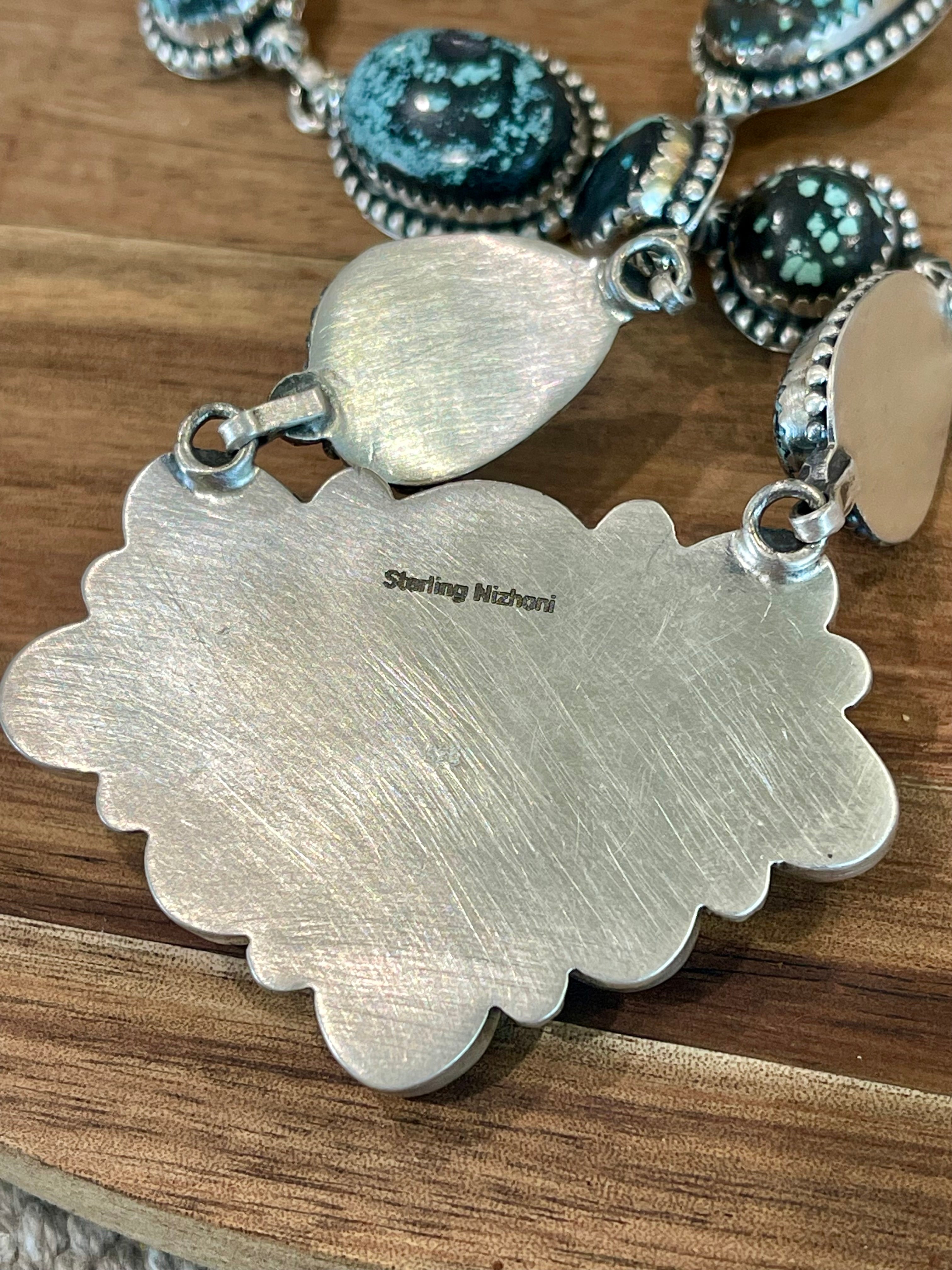 Handmade Sterling Silver & New Lander Turquoise Necklace Signed Nizhoni