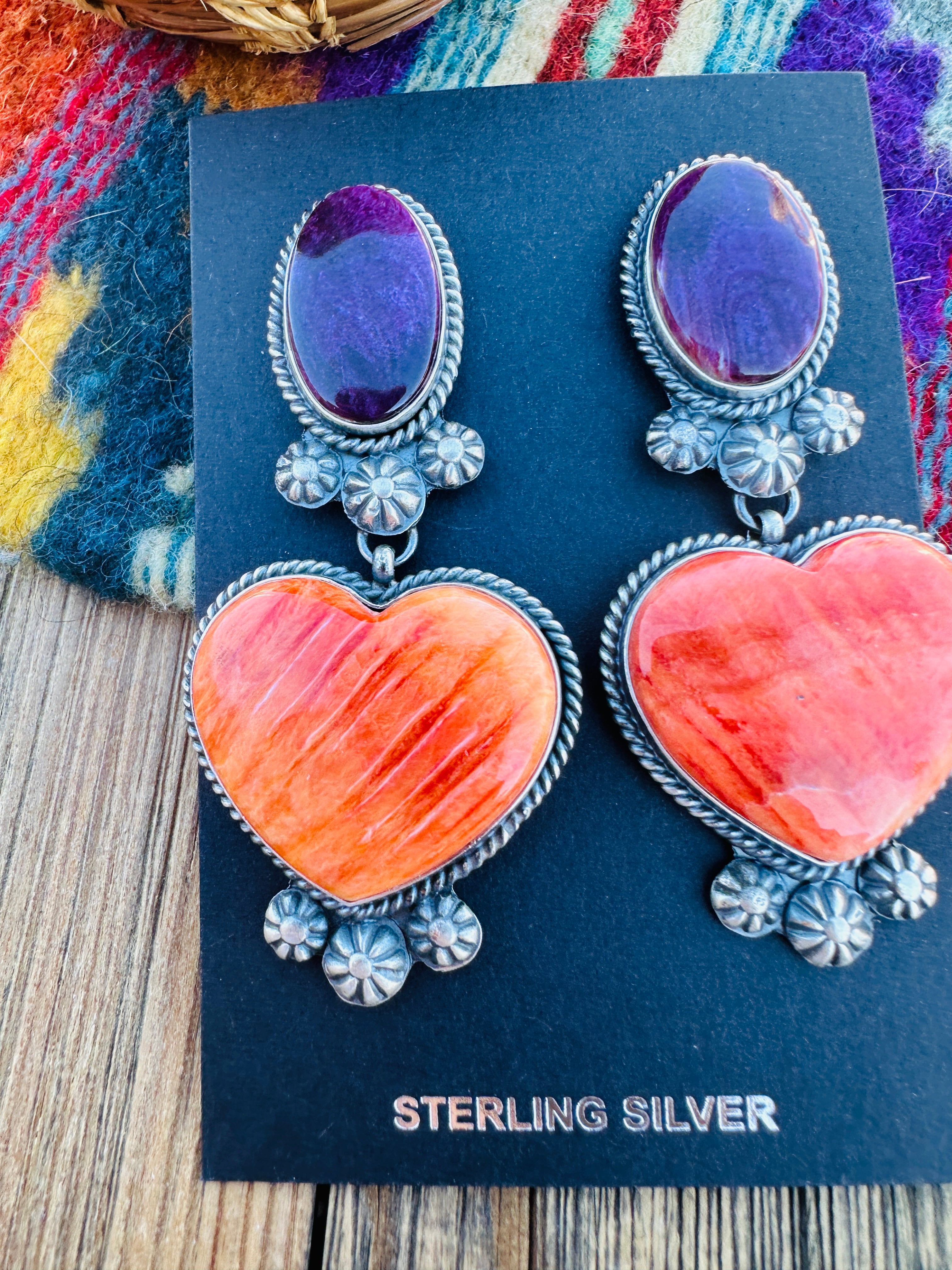 Handcrafted Spiny Oyster & Sterling Silver Heart Dangle Earrings by Kevin Billah
