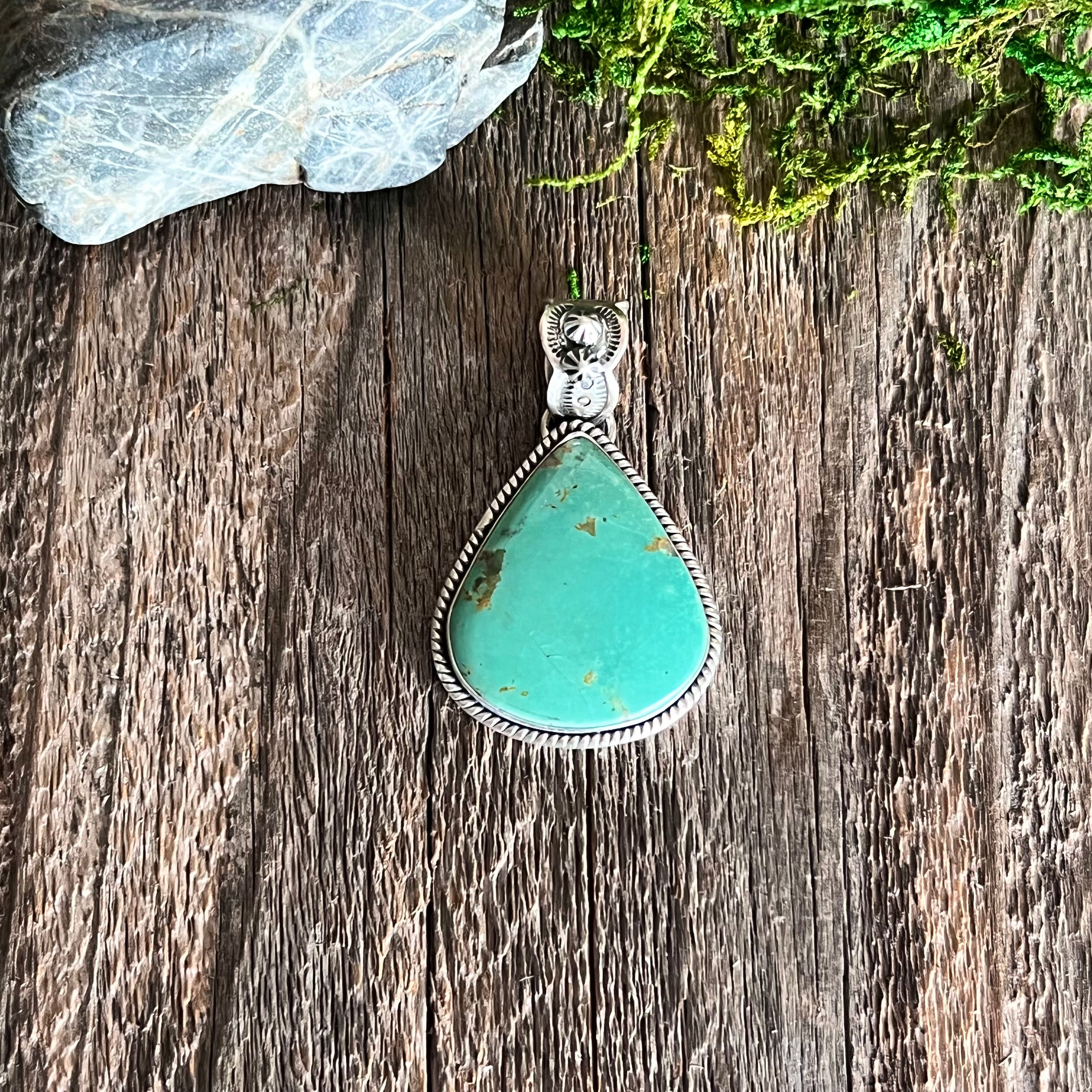 Handmade Green Turquoise Tear Drop Sterling Silver Pendant