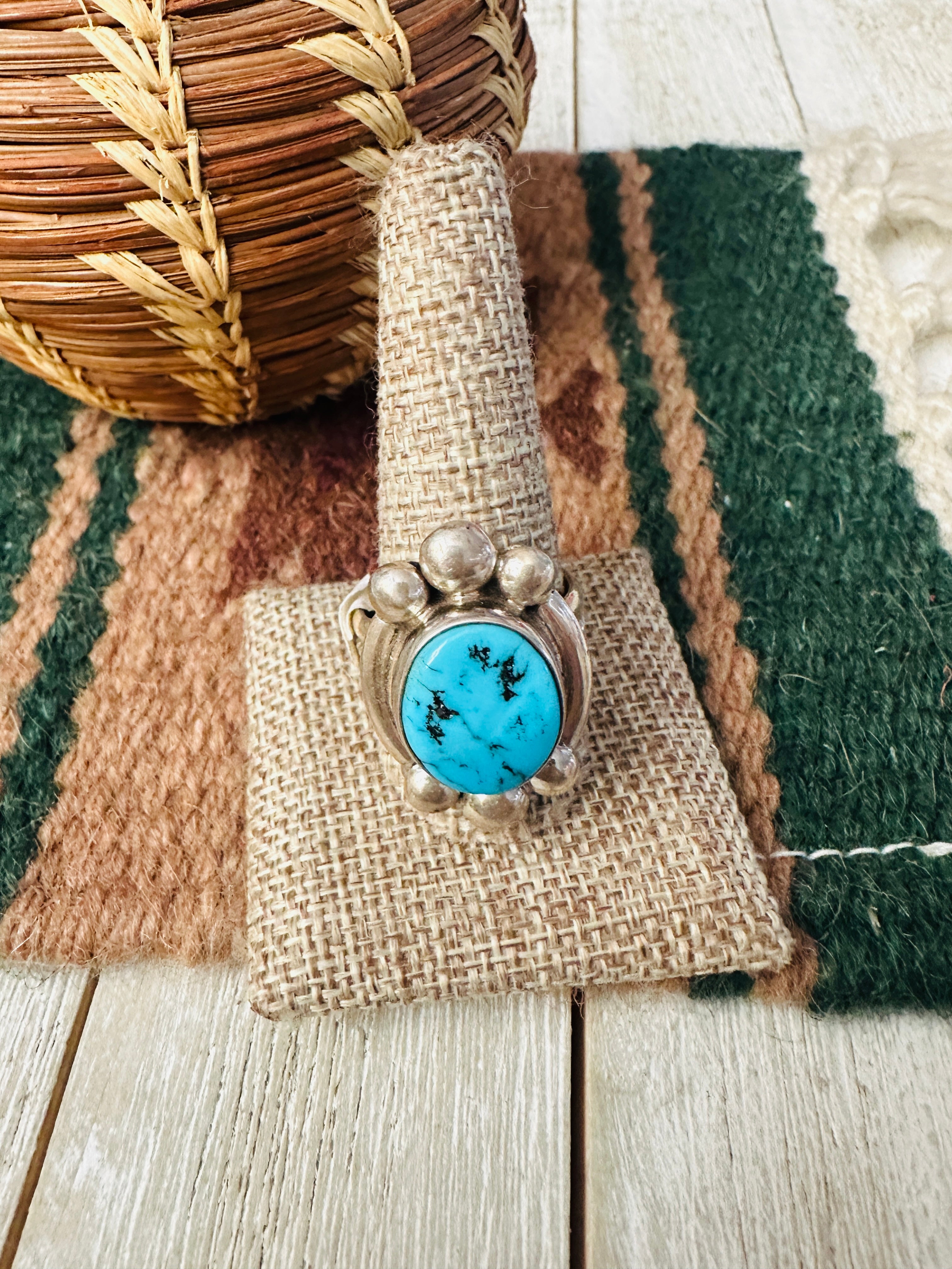 Old Pawn Handcrafted Turquoise & Sterling Silver Ring Size 11.5