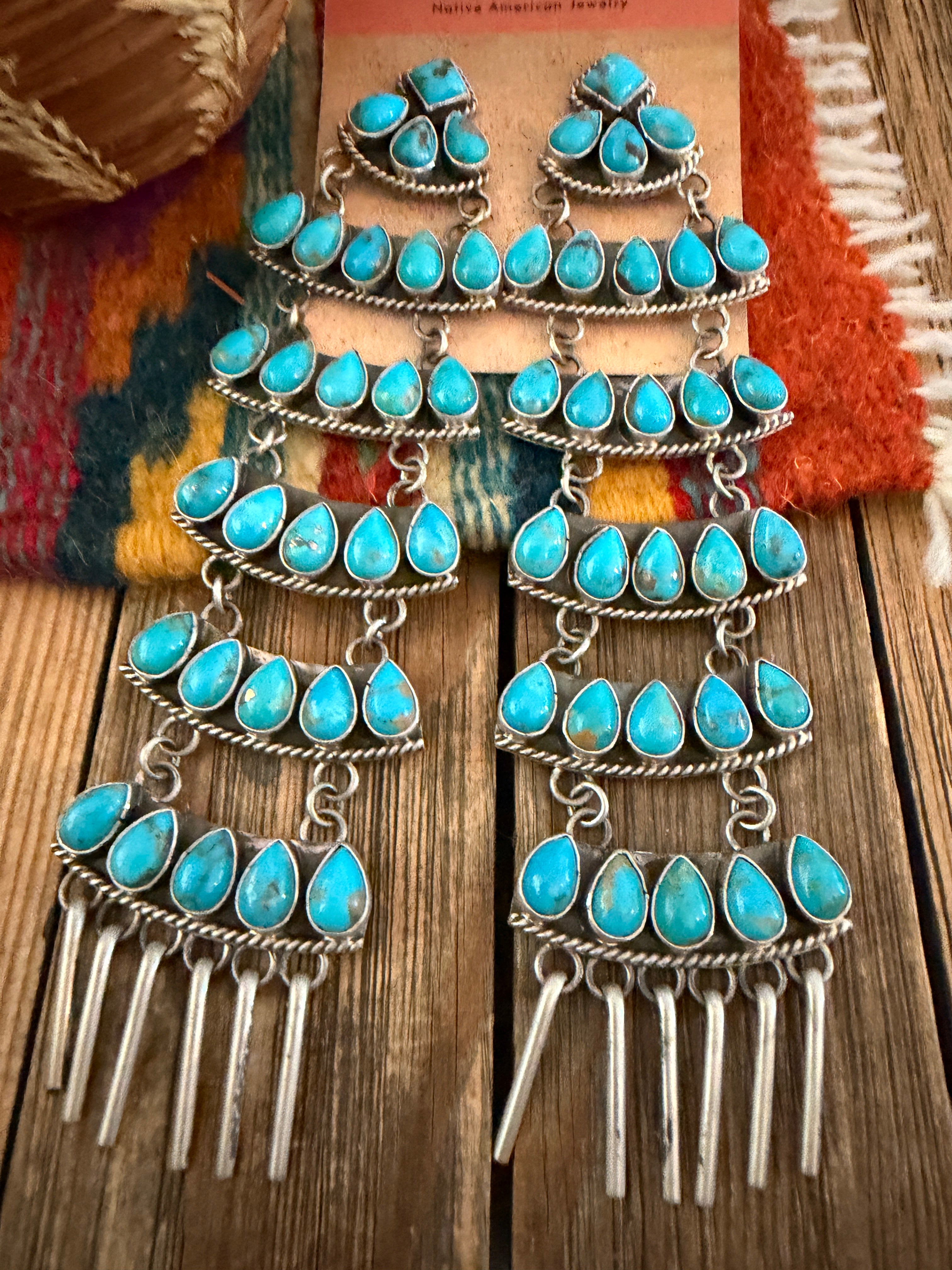 Handcrafted Turquoise & Sterling Silver Chandelier Dangle Earrings by Charles Johnson