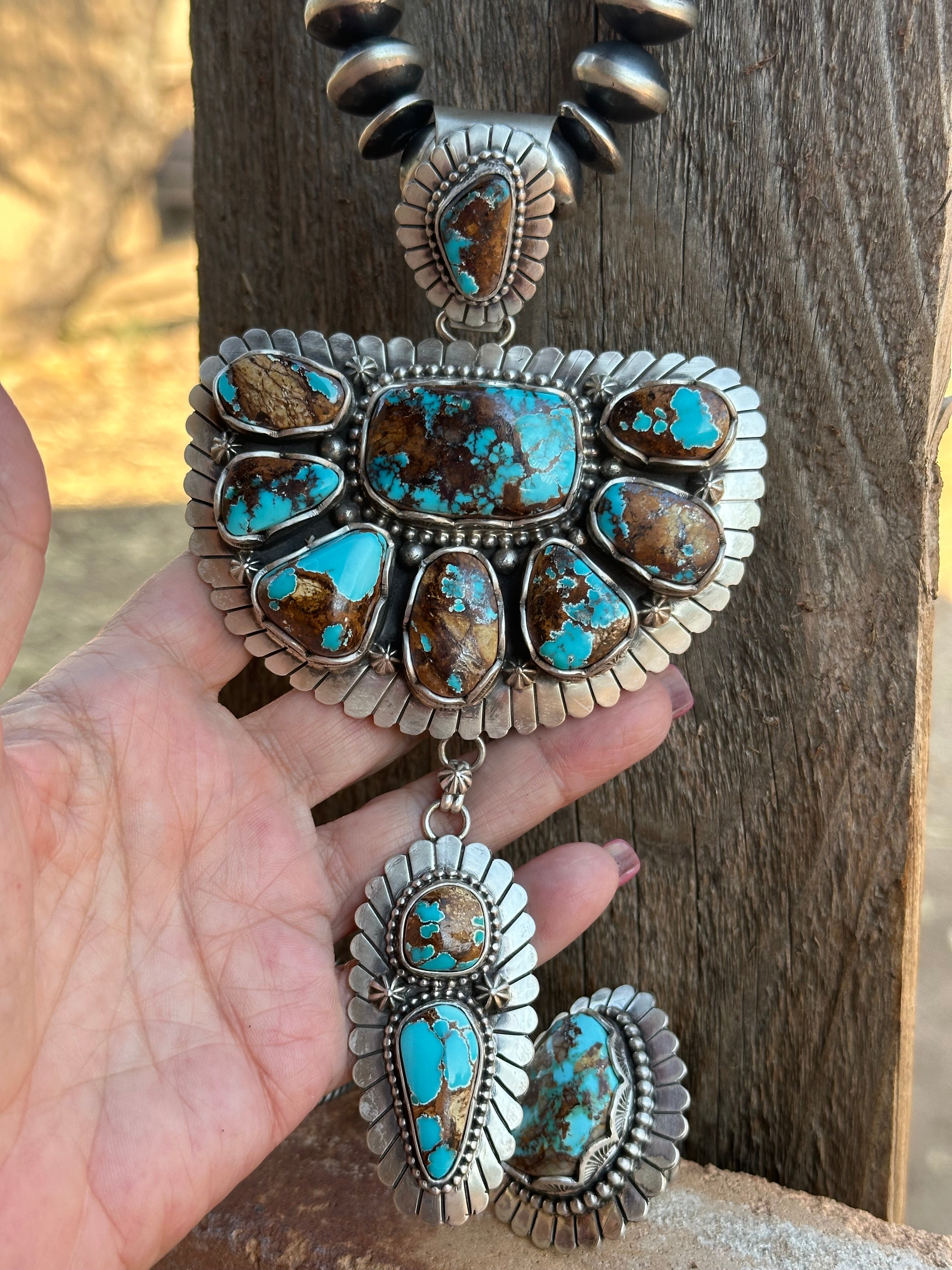 Charles Johnson Navajo Number 8 Turquoise & Sterling Silver Necklace, Bracelet and Ring Set Signed