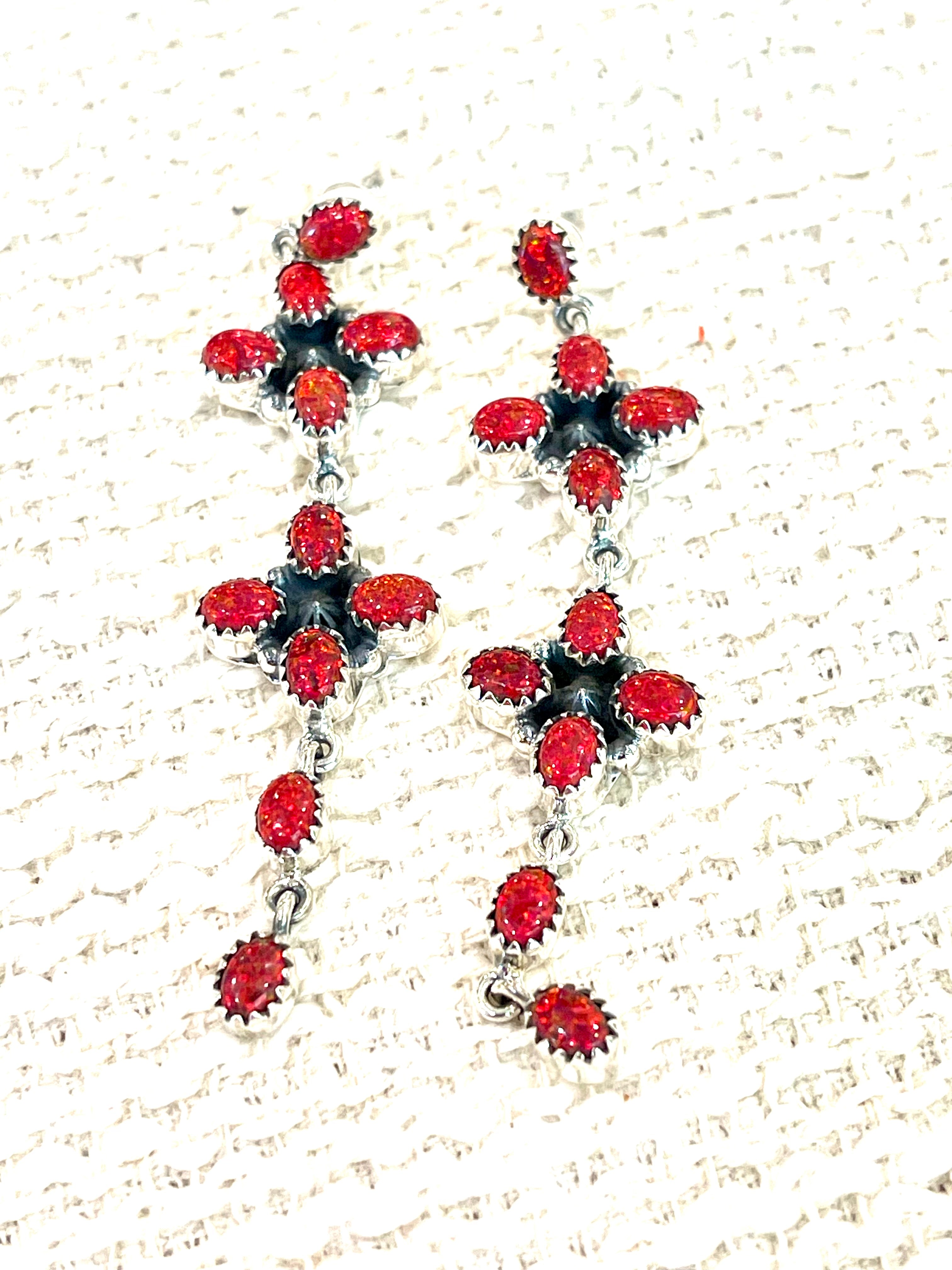 ** 4TH OF JULY ** Handmade Sterling Silver Synthetic Opal Dangle Earrings with Signed Nizhoni