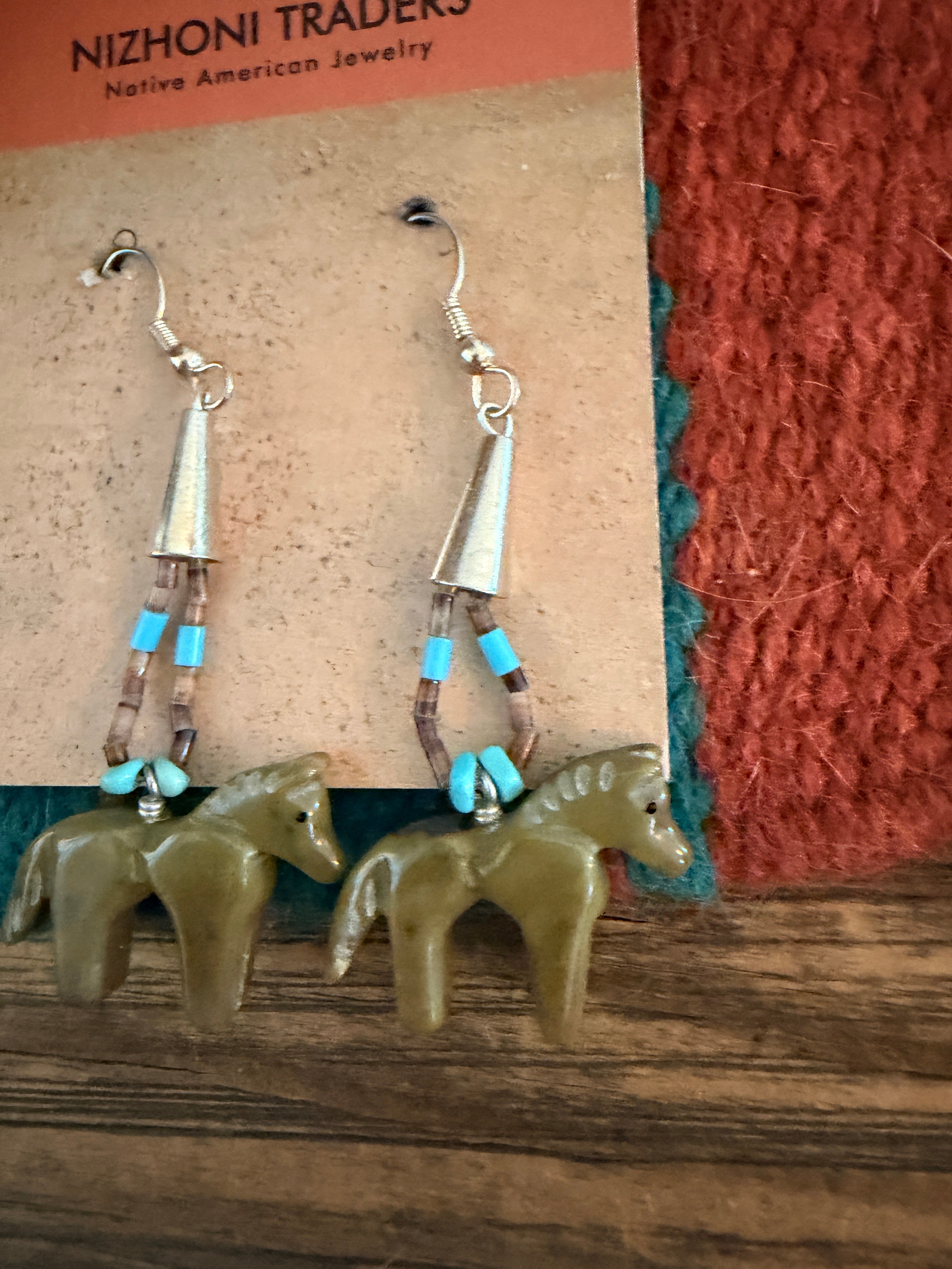 Hand Carved Jasper and Turquoise Fetish Horse Beaded Dangle Earrings
