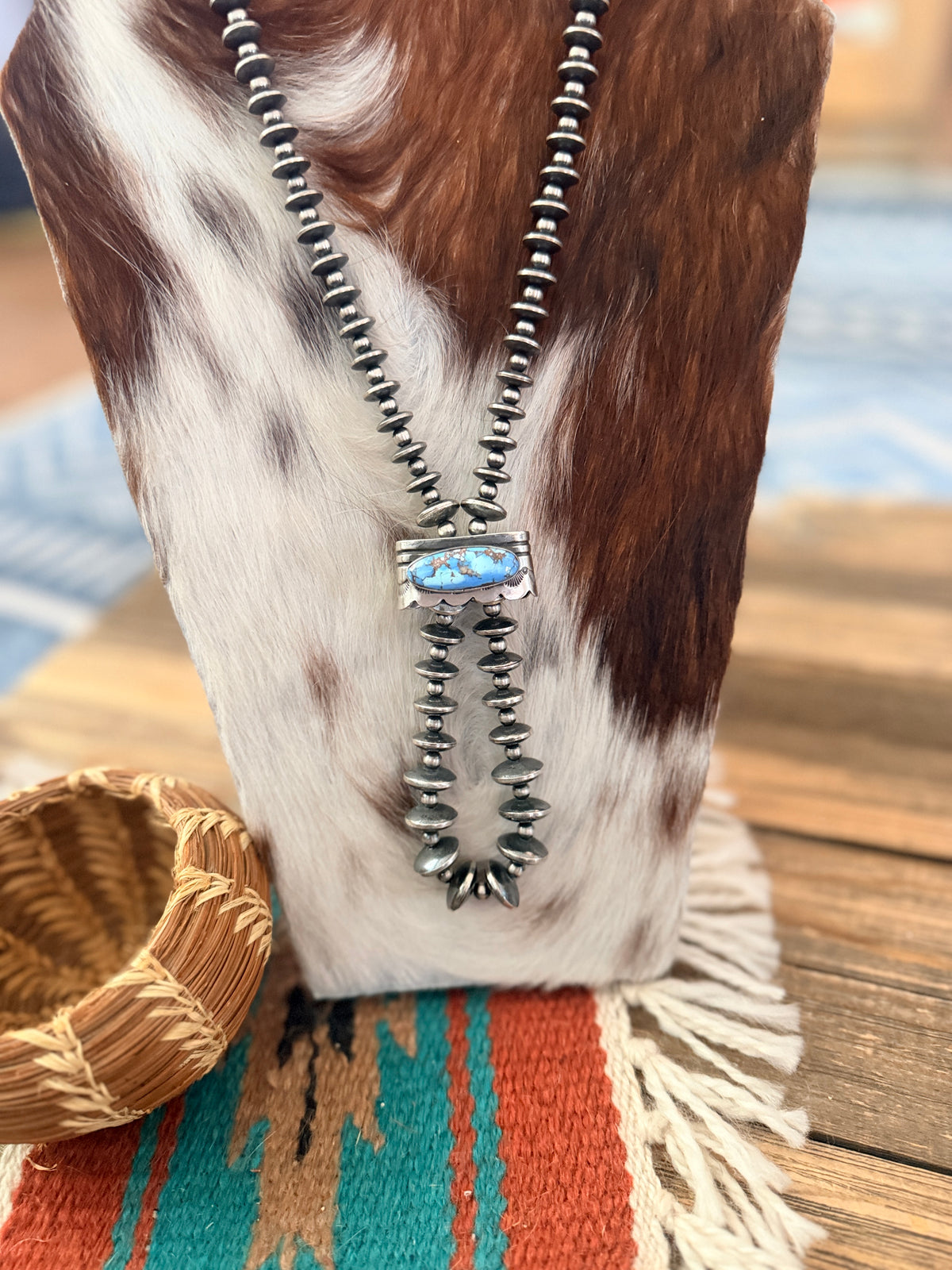 Handcrafted Turquoise & Sterling Silver Beaded Double Sided Jacla Necklace