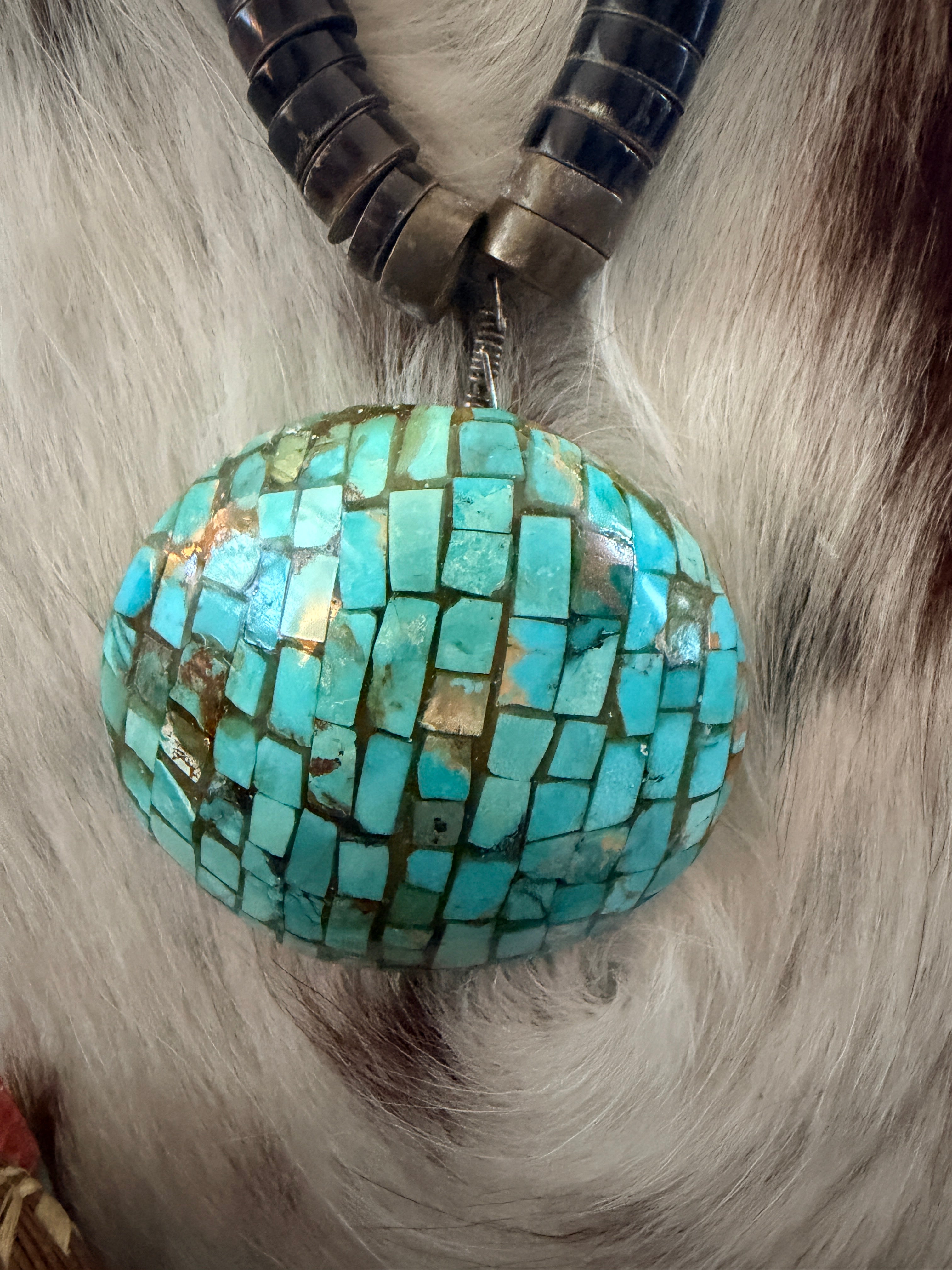 Old Pawn Handcrafted Turquoise and Heishi Shell Mosaic Inlay Beaded Necklace