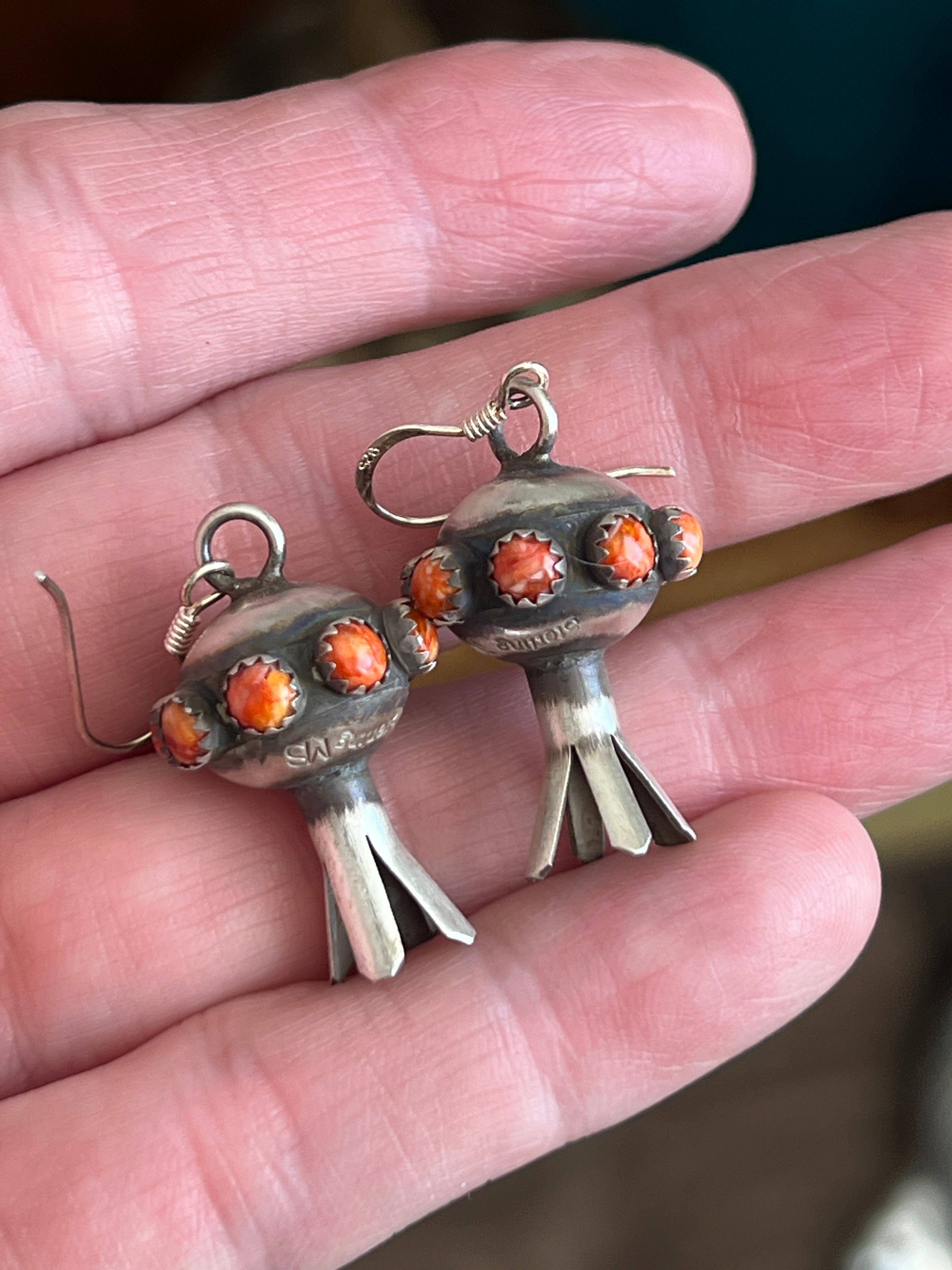 Handcrafted Sterling Silver Blossom Dangle Earrings w/ Orange Spiny Oyster by Monica Smith
