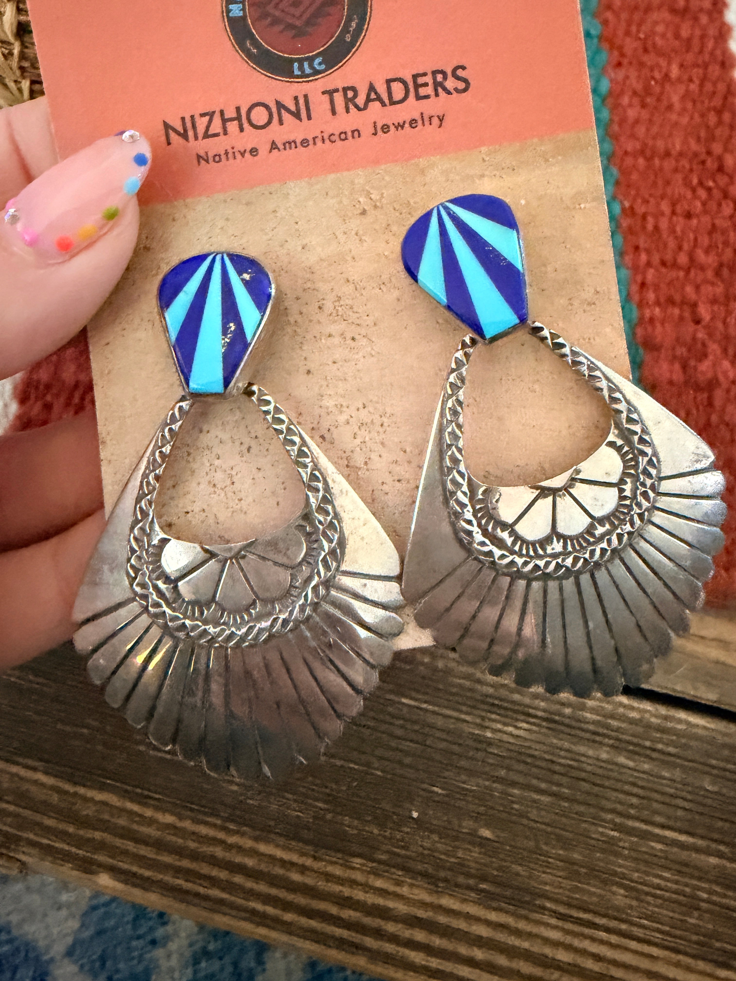 Handcrafted Old Pawn Turquoise, Lapis & Sterling Silver Inlay Concho Dangle Earrings