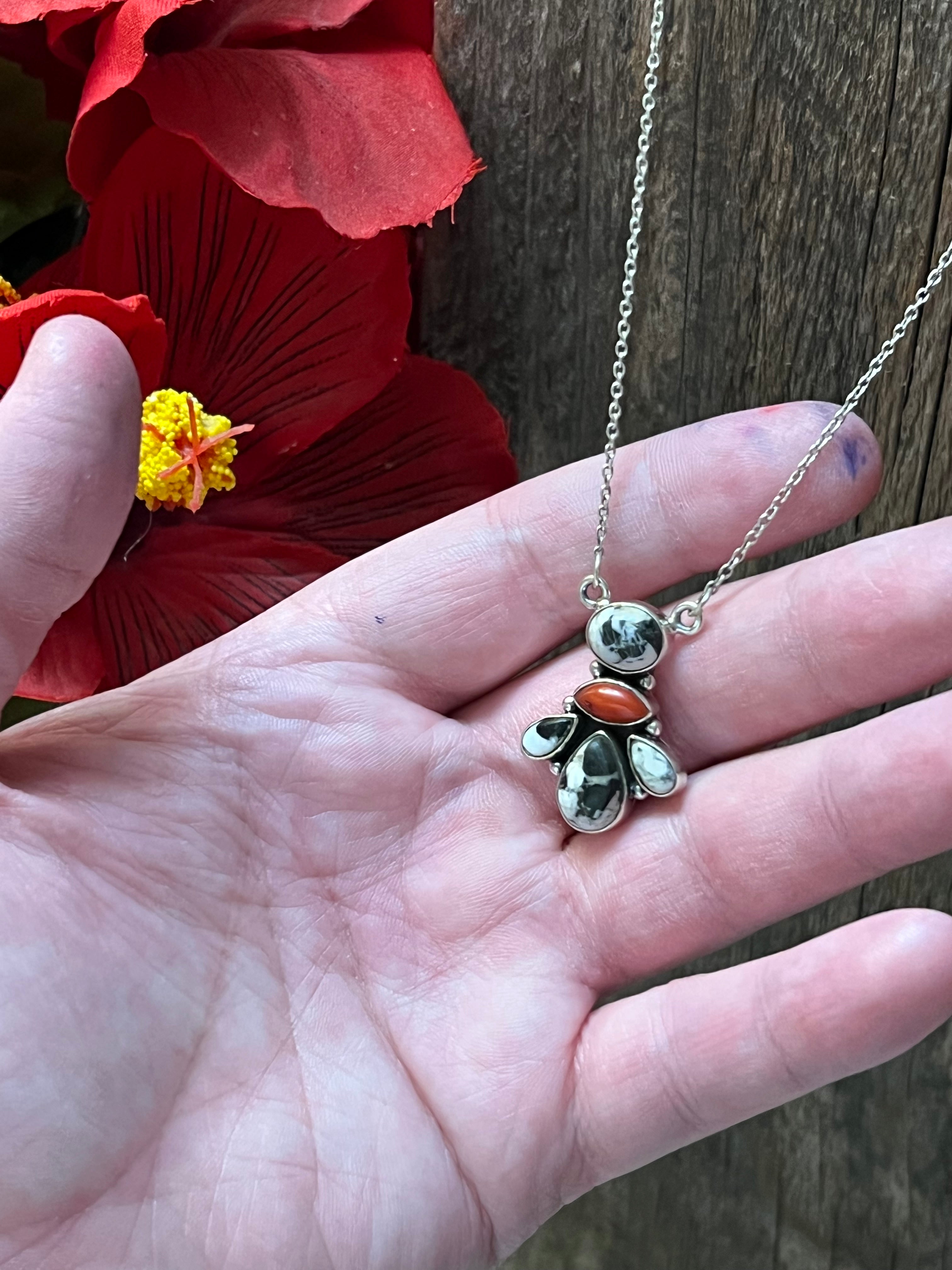 Handmade Sterling Silver, White Buffalo & Coral Necklace