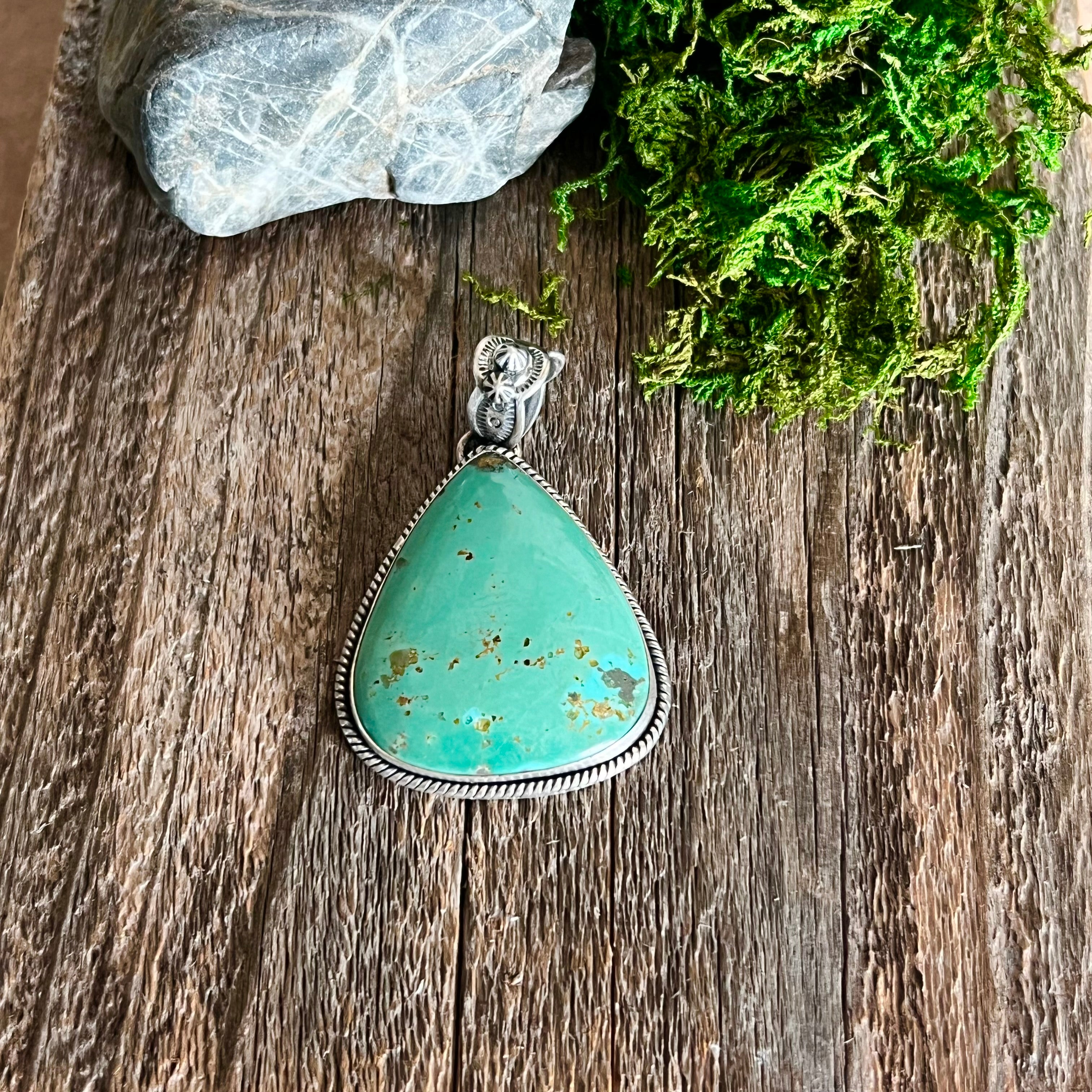 Handmade Green Turquoise Tear Drop Sterling Silver Pendant