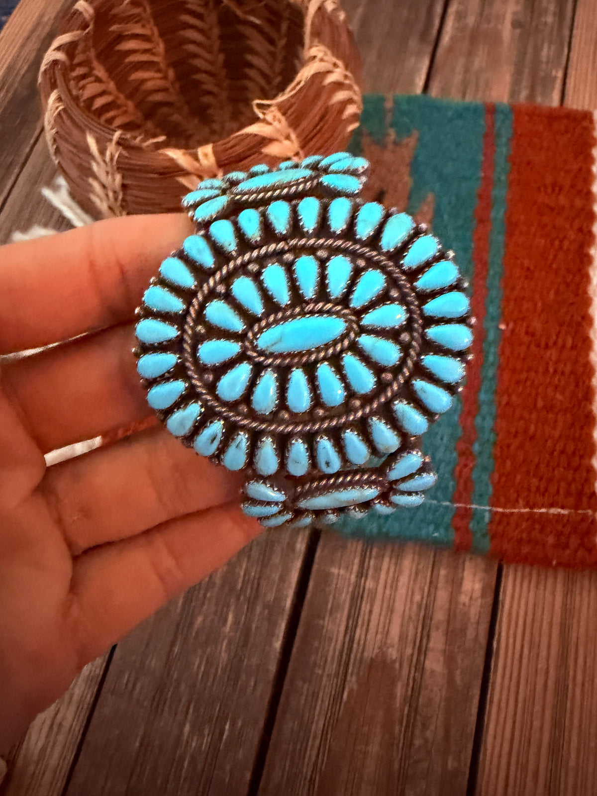 Handcrafted Old Pawn Sterling Silver & Turquoise Cluster Cuff Bracelet