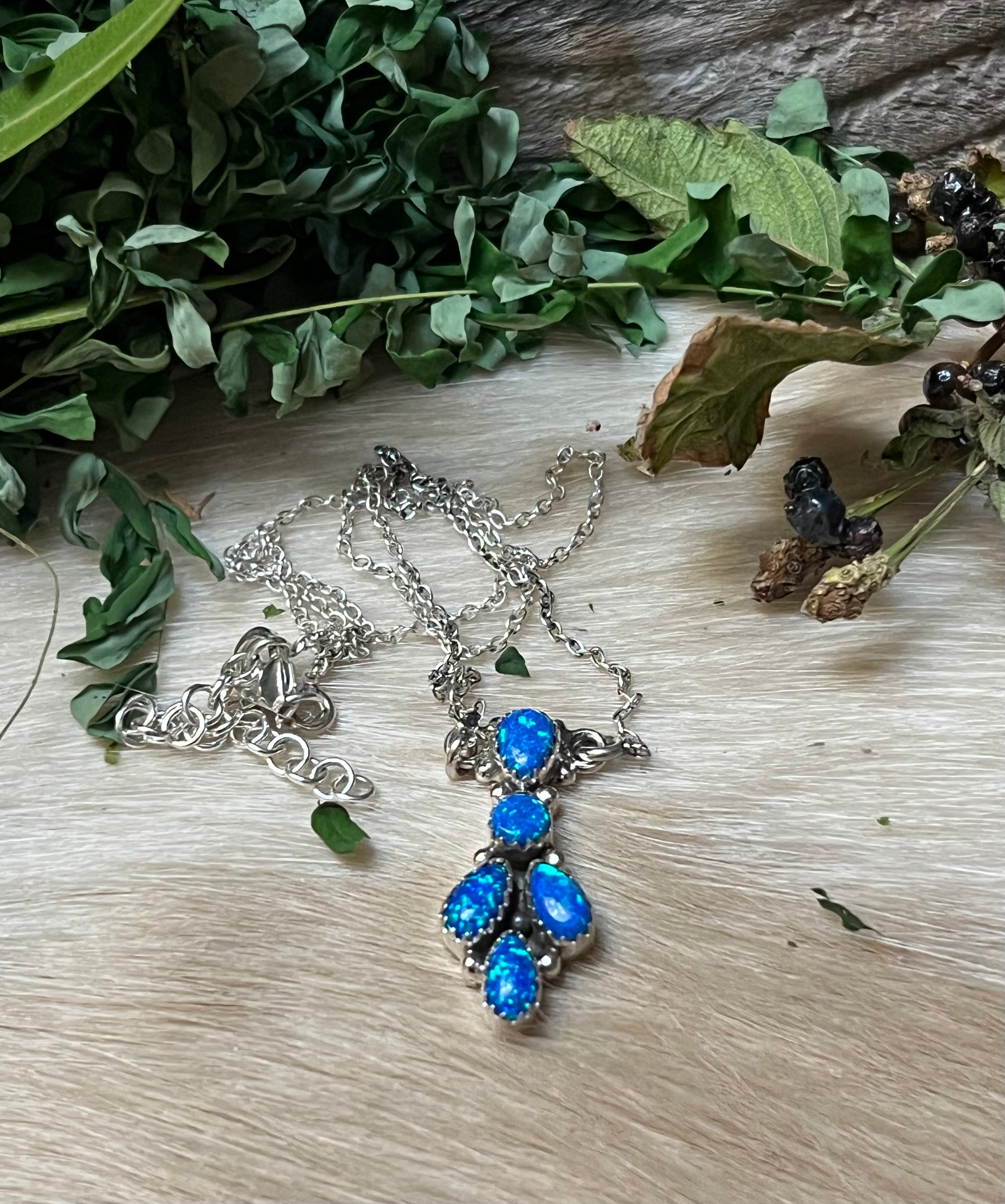 Handmade Blue Opal Tear Drop Cluster Sterling Silver Necklace