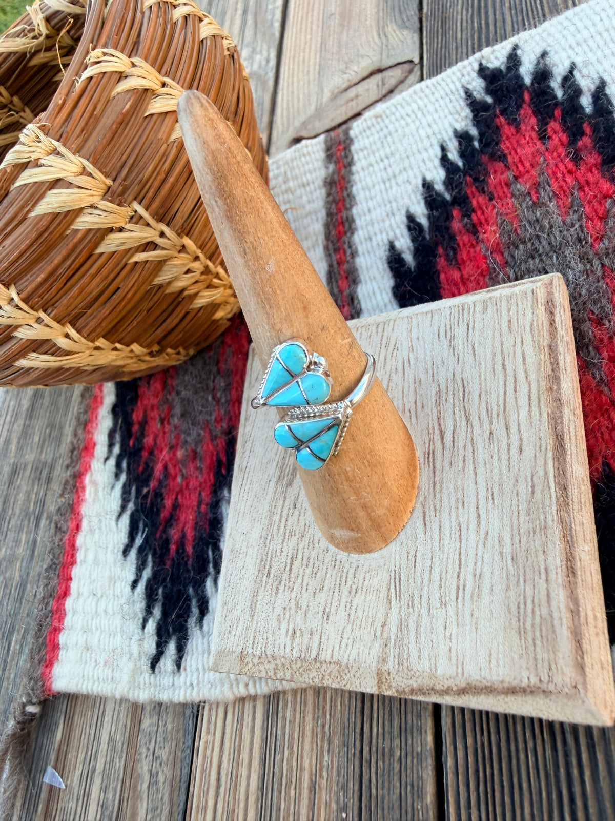Handcrafted Turquoise & Sterling Silver Inlay Heart Adjustable Ring