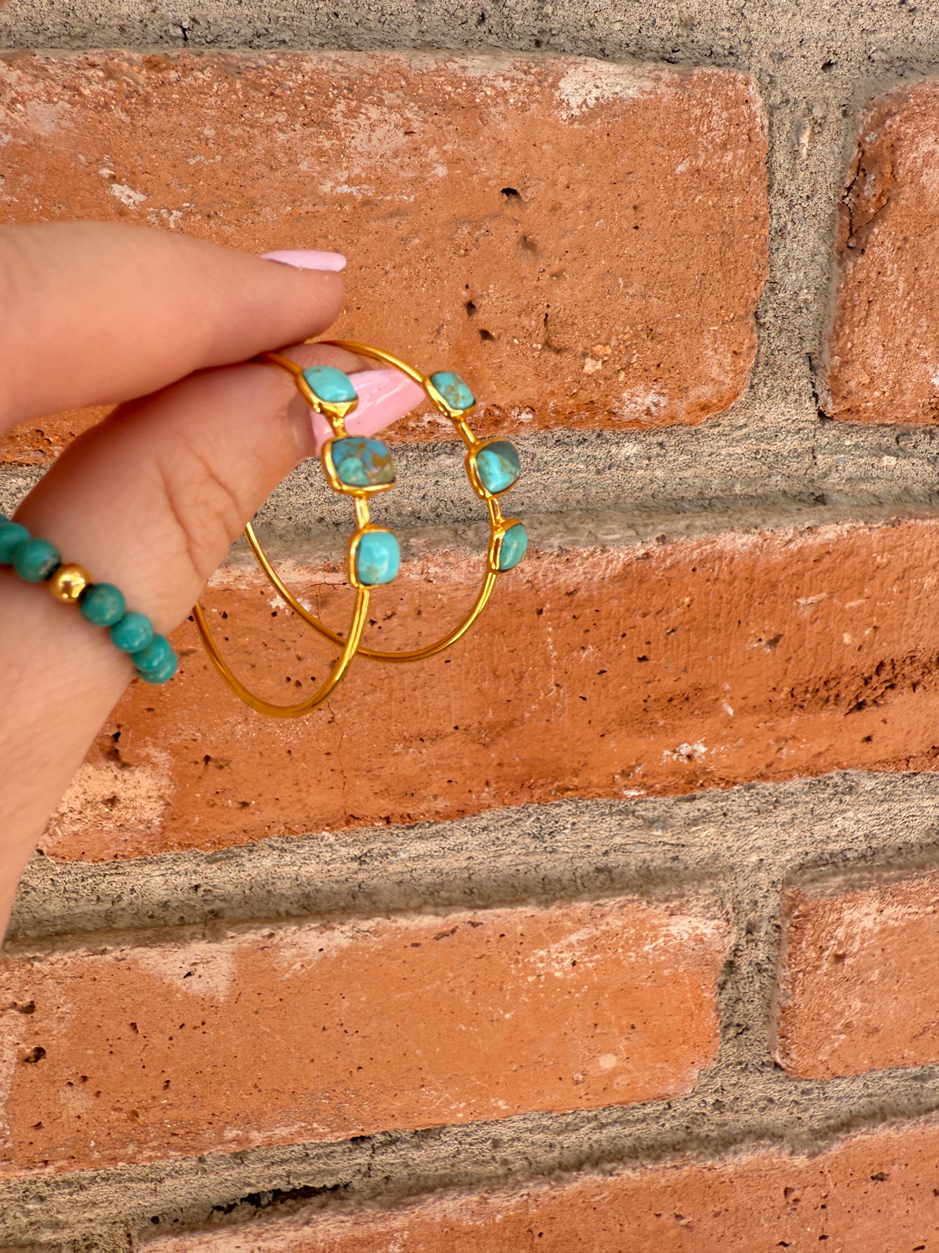 “The Golden Collection” Golden Hoops Handmade Turquoise & Gold Plated Hoop 3 Stone Earrings