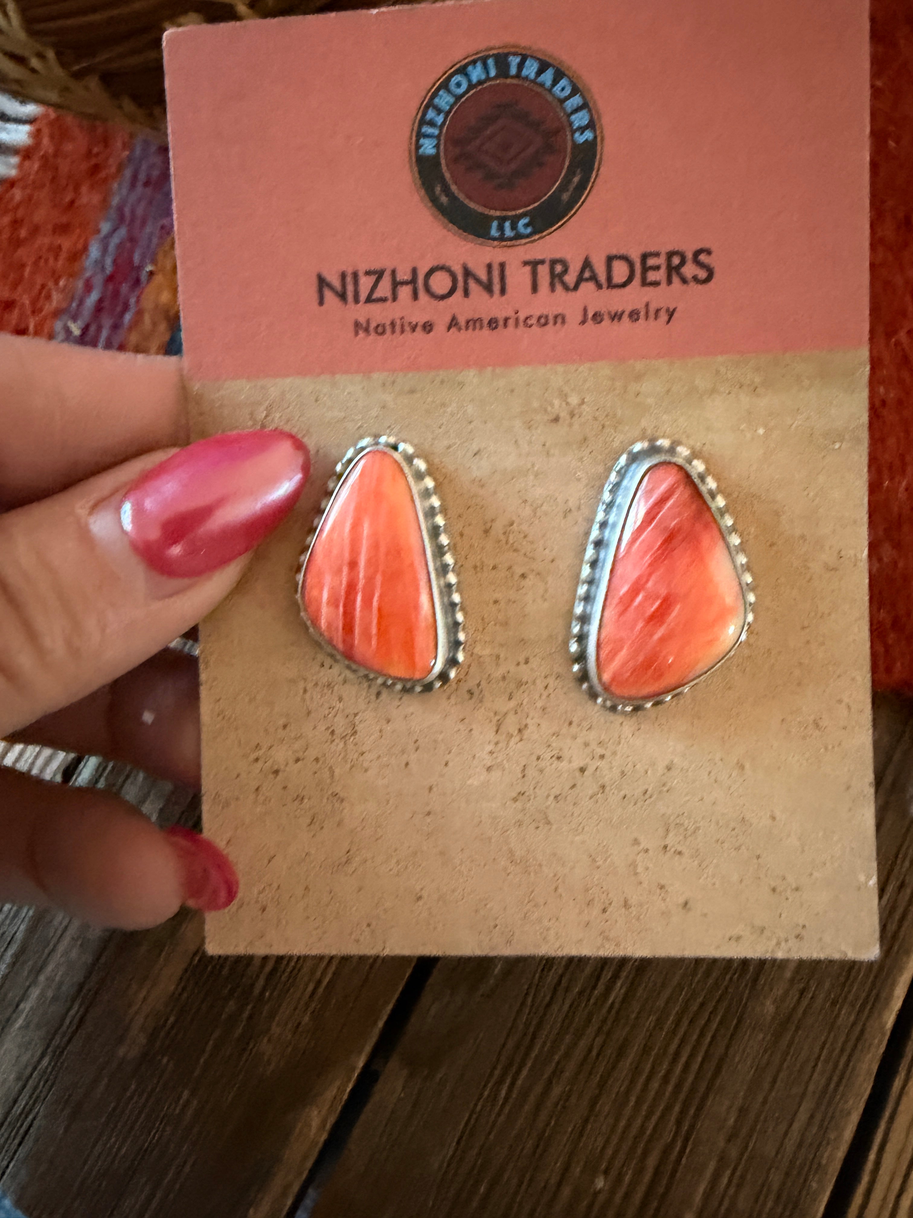 Handcrafted Orange Spiny & Sterling Silver Post Earrings
