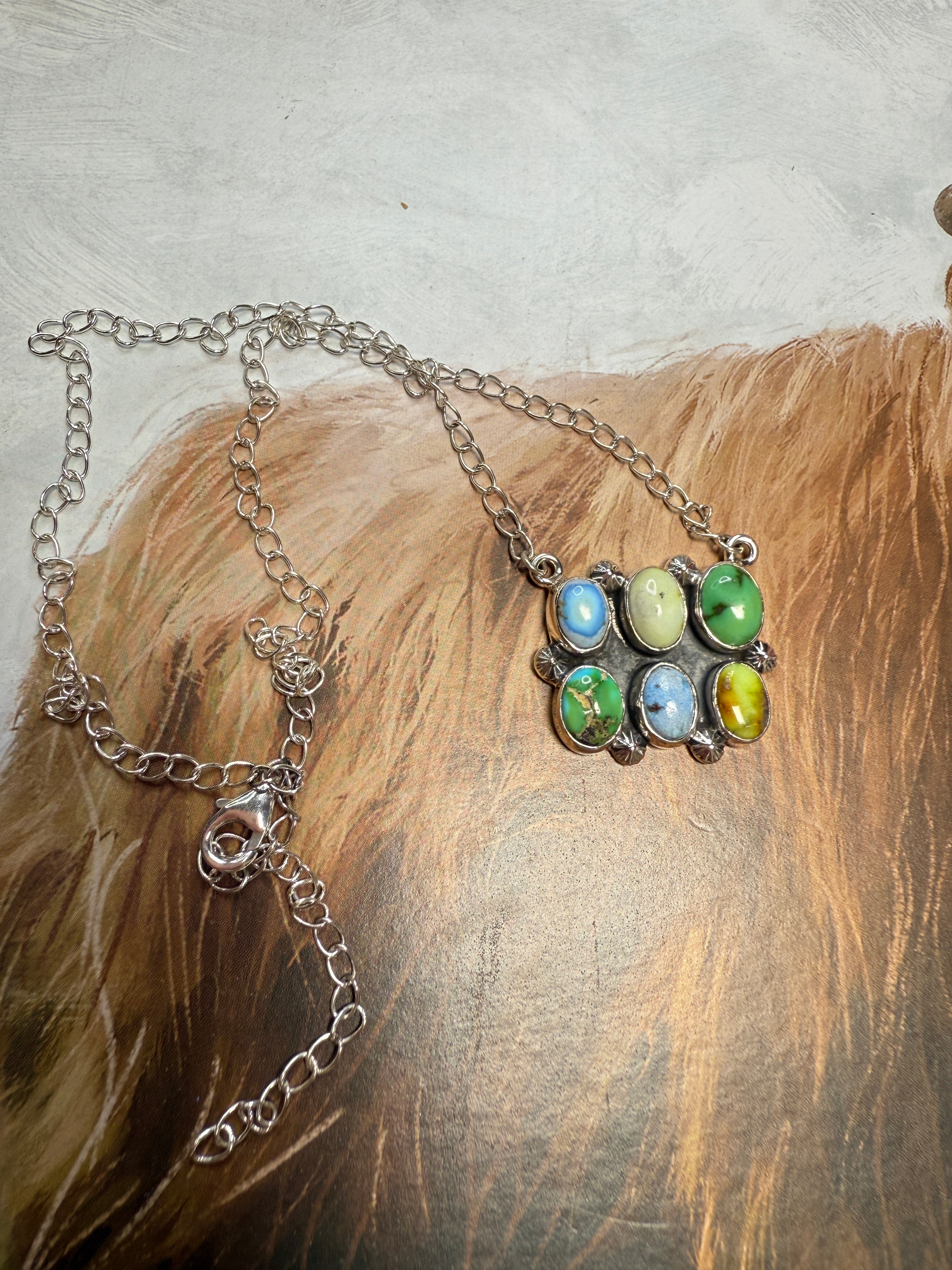 Handmade Sterling Silver, Sonoran Mountain, Palomino, Golden Hills Turquoise Cluster Bar Necklace