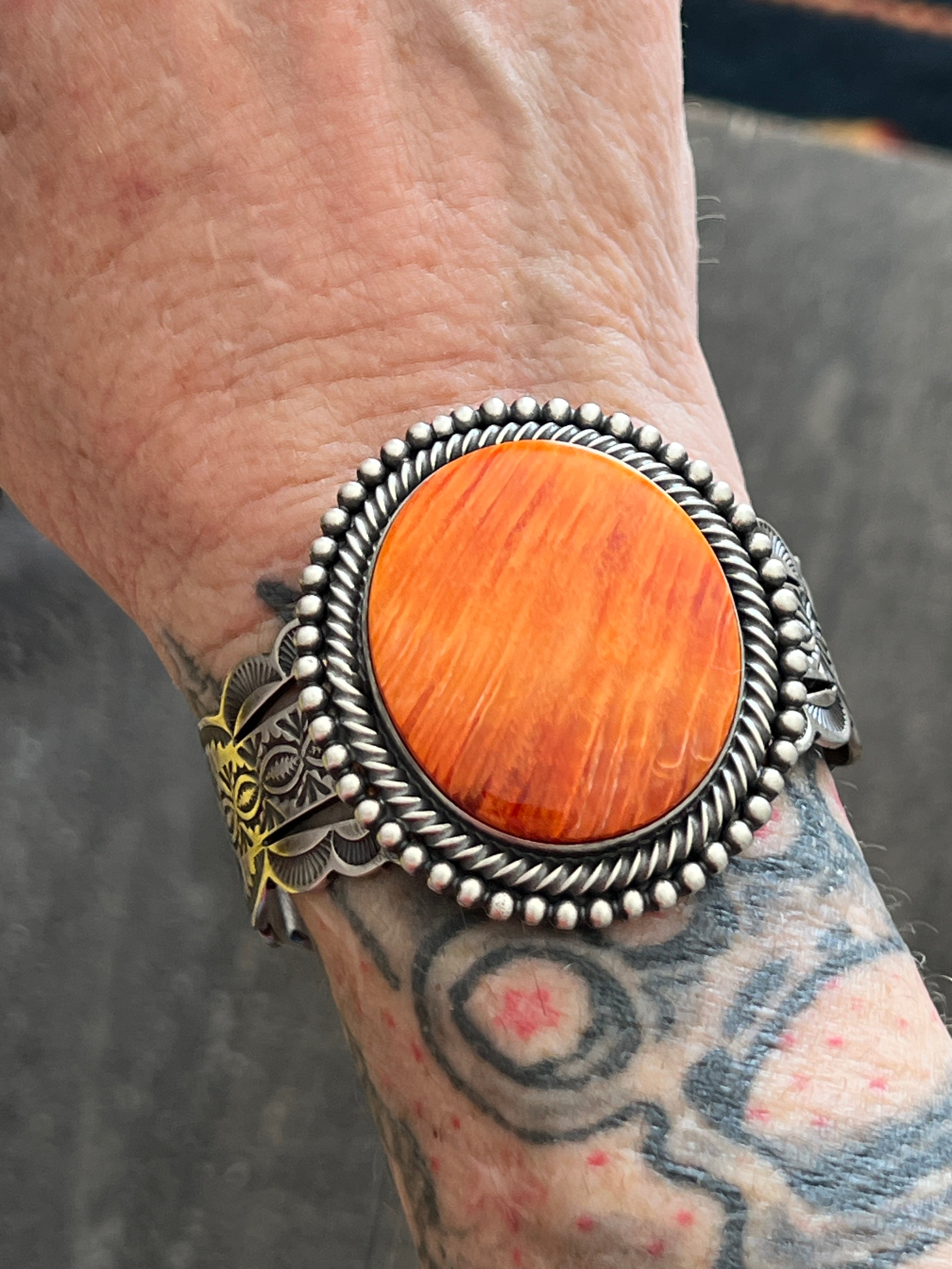 Handcrafted & Hand Stamped Sterling Silver Split Cuff Bracelet with Spiny Oyster Shell by Murphy Platero