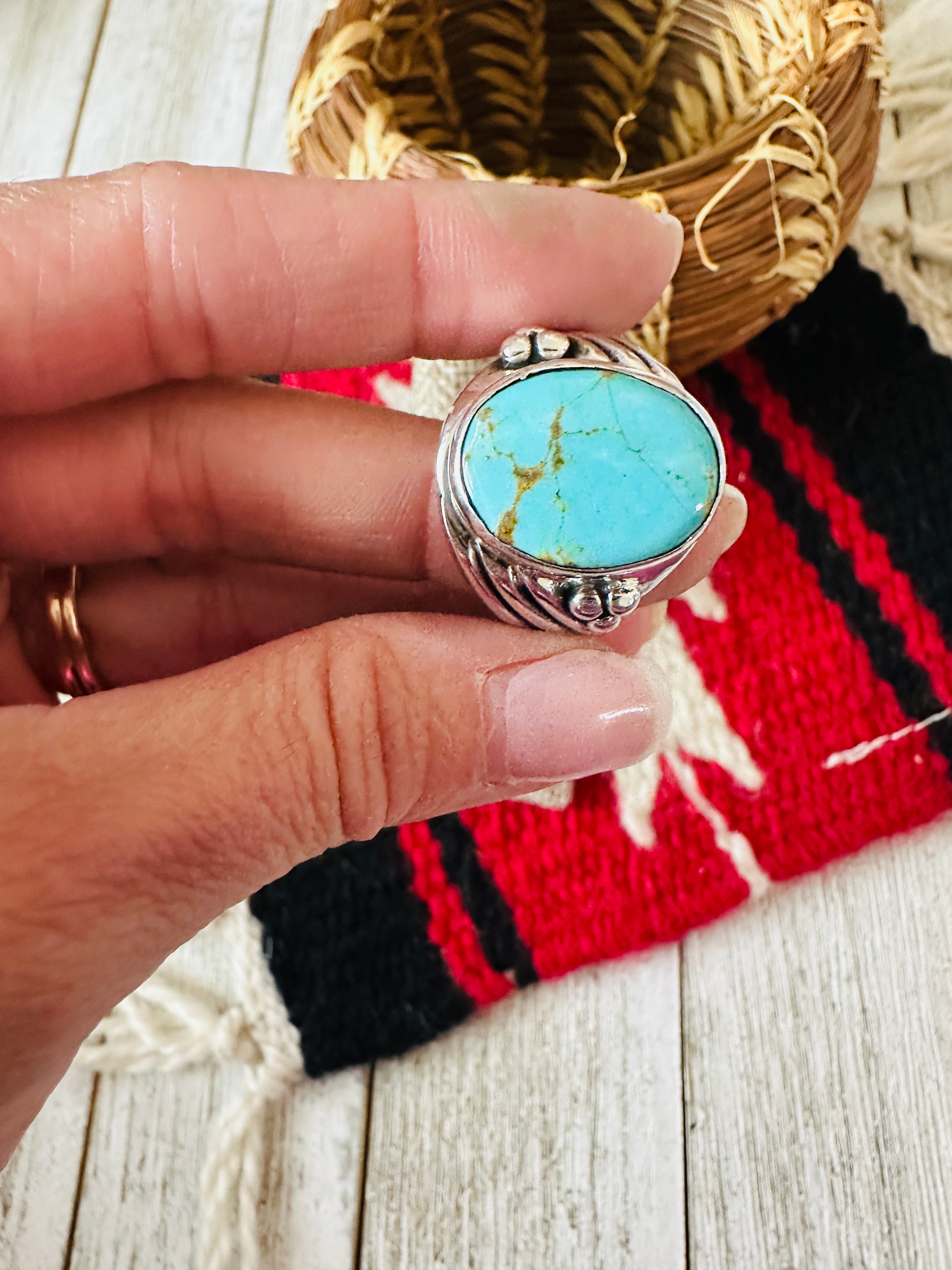 Handcrafted Turquoise & Sterling Silver Cigar Band Ring Size 10.5