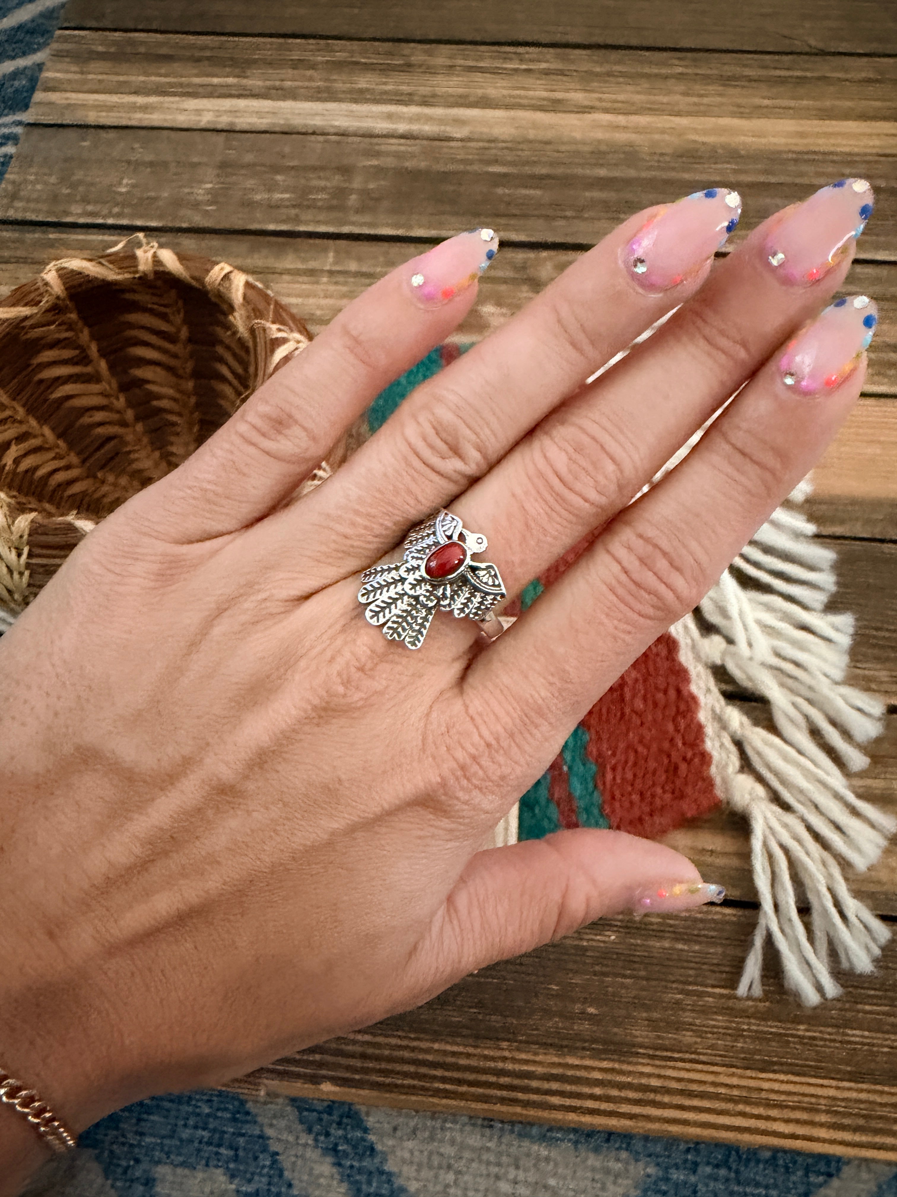 Handmade Sterling Silver and Coral Thunderbird Adjustable Ring "Signed Nizhoni"
