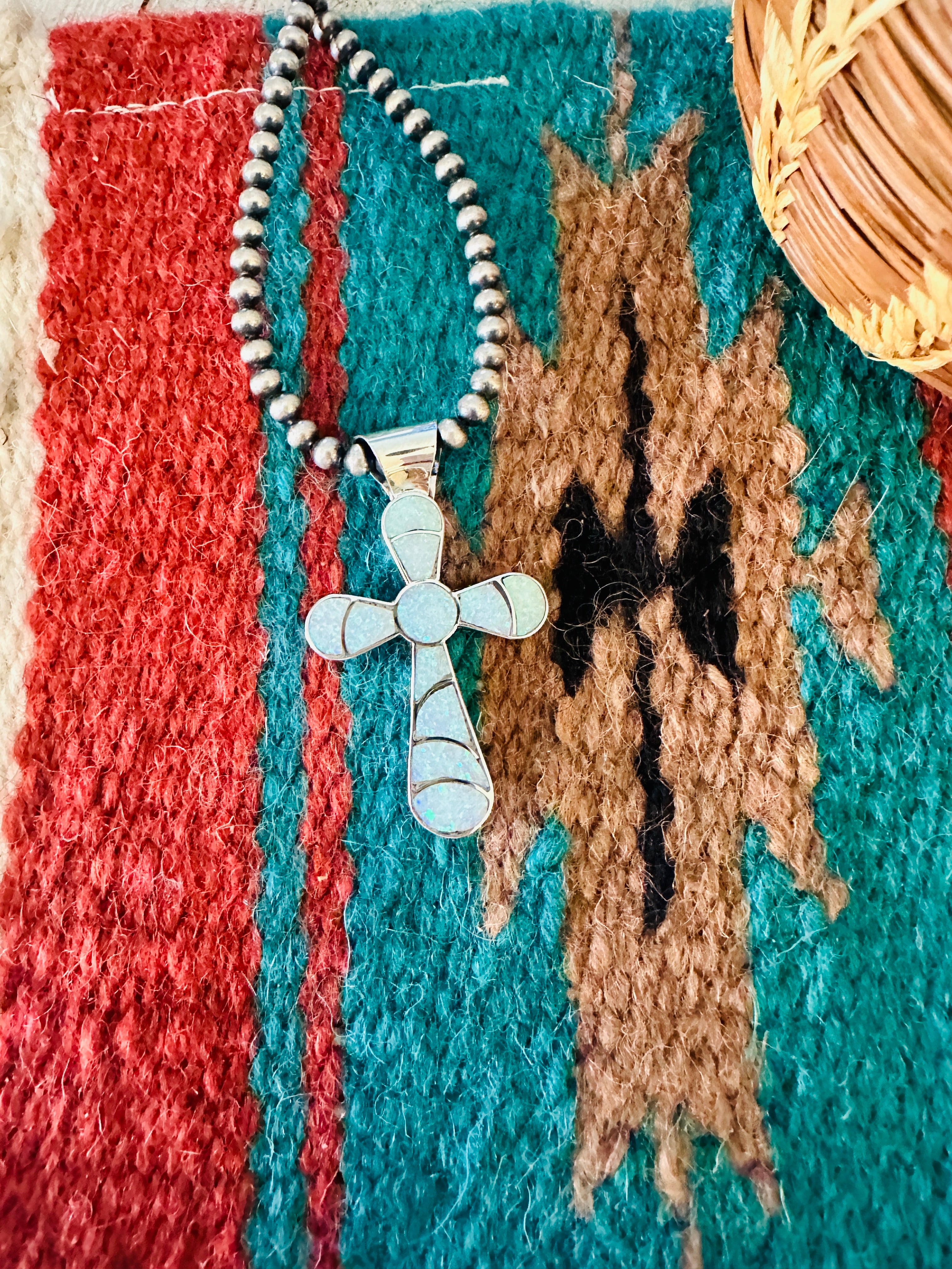 Handcrafted Sterling Silver & White Opal Inlay Cross Pendant Signed