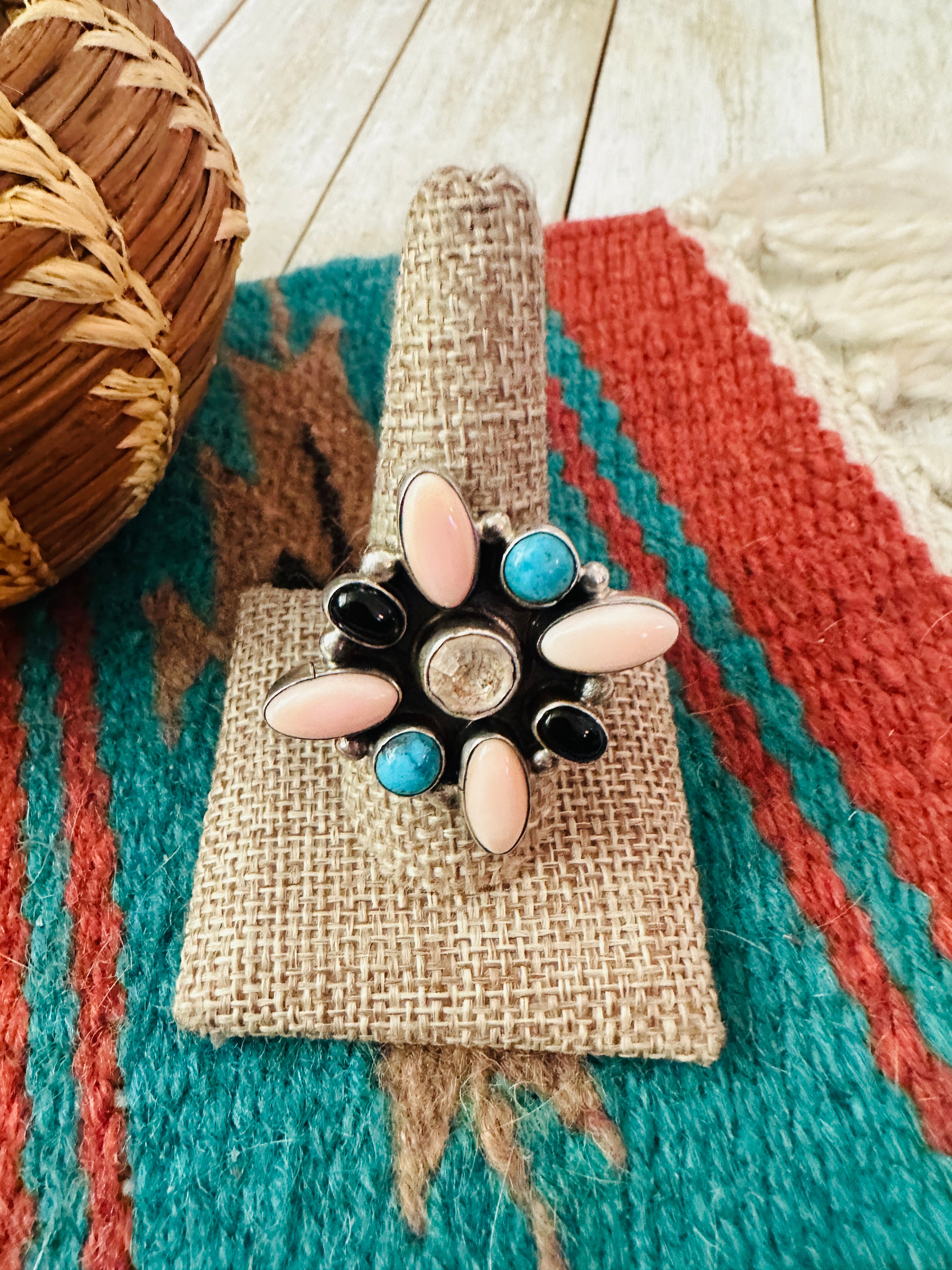 Handcrafted Queen Pink Conch, Onyx, Turquoise & Sterling Silver Adjustable Ring by Jacqueline Silver