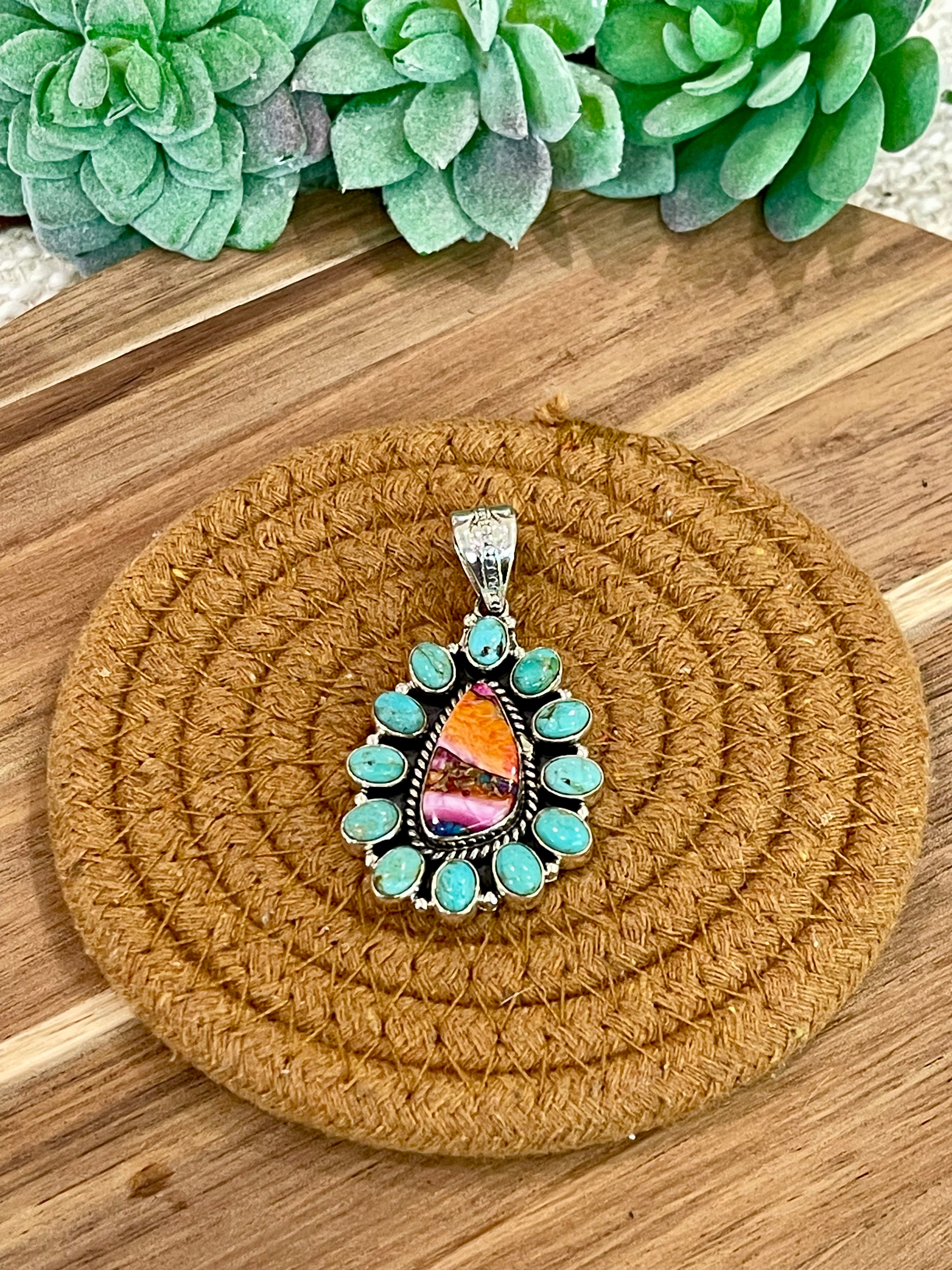 Handmade Sterling Silver,Turquoise & Pink Dream Mojave Cluster Pendant