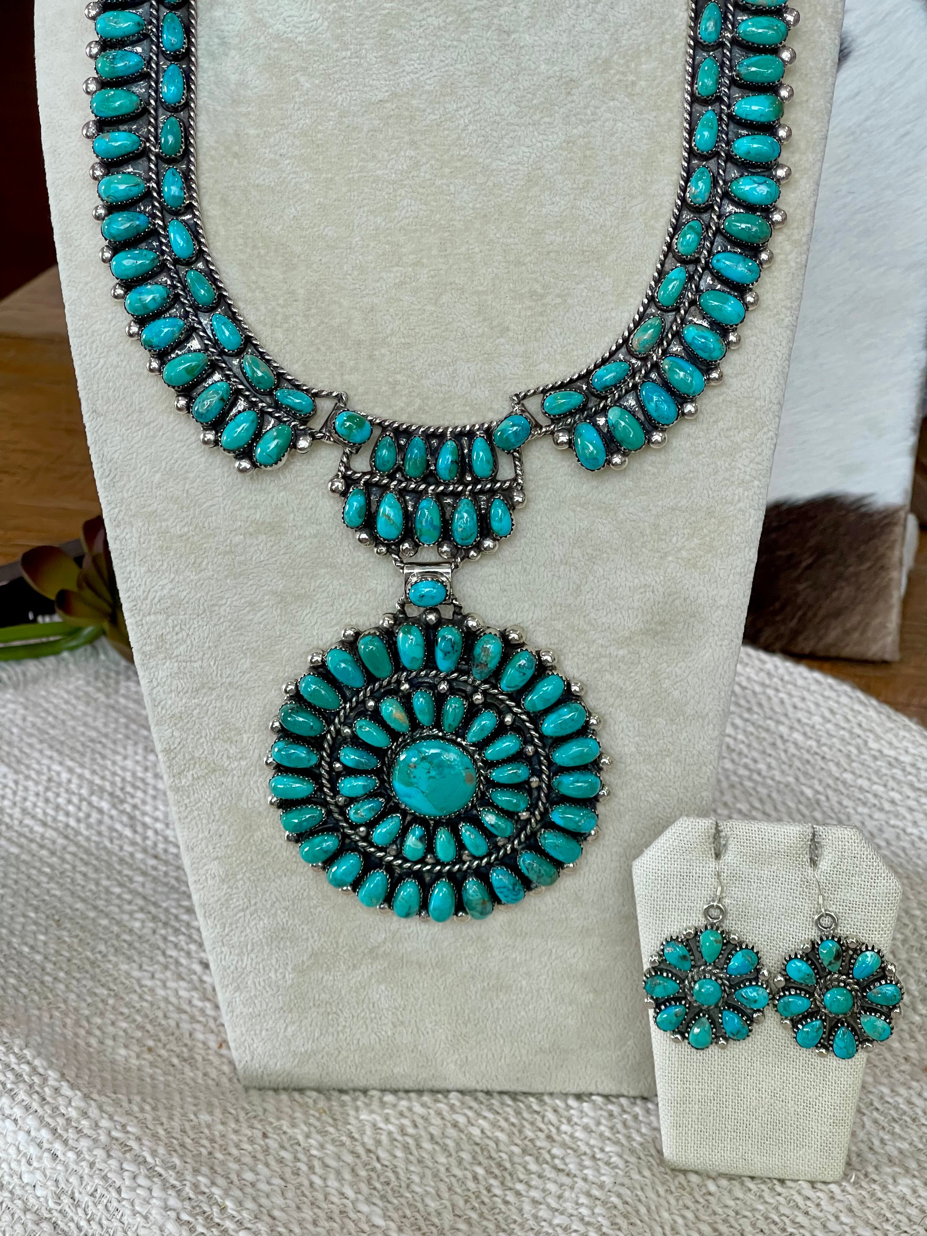 Beautiful Handmade Sterling Silver & Turquoise Cluster Necklace And Earring Set