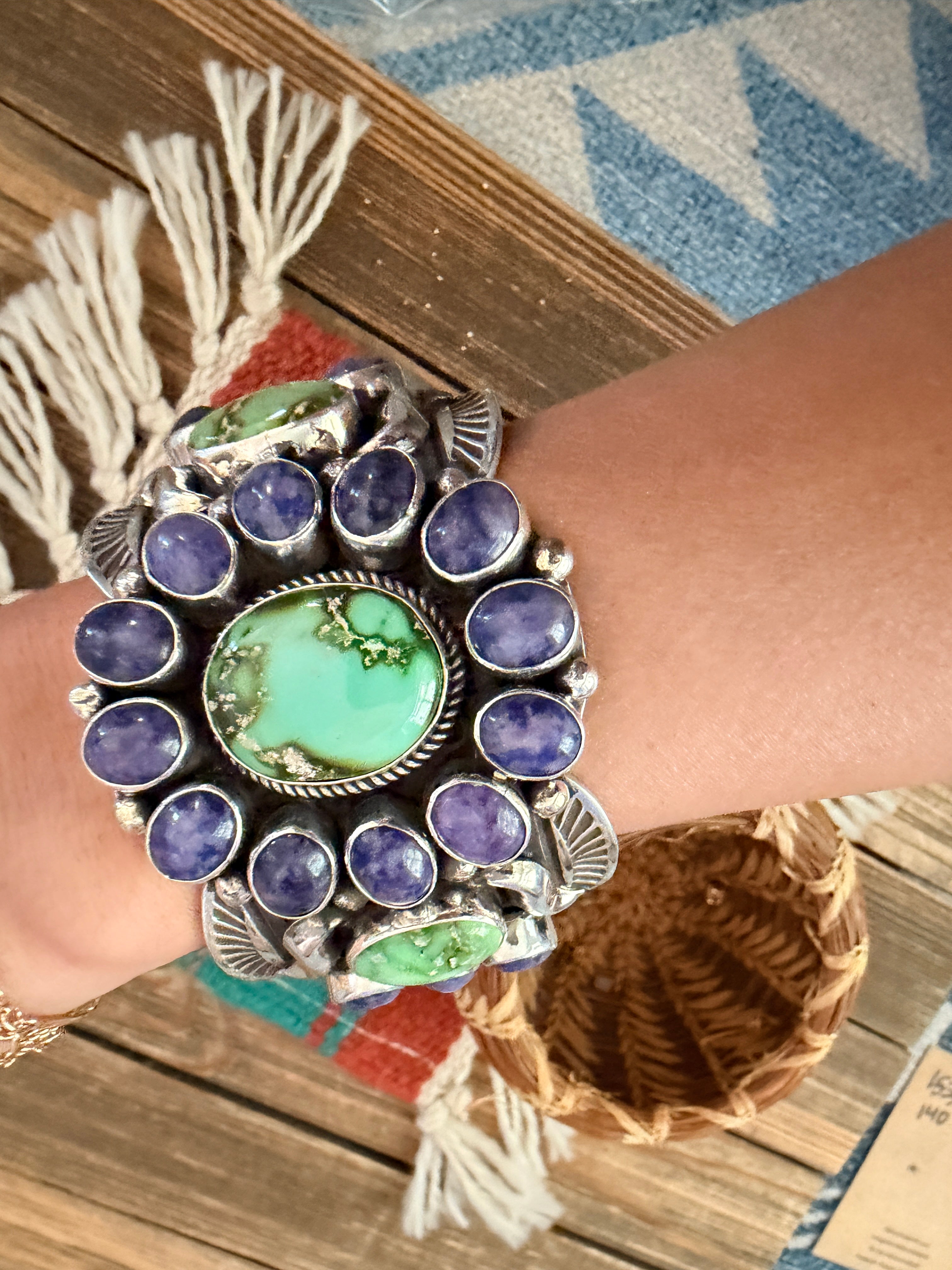 Handcrafted Sterling Silver, Charoite & Turquoise Cuff Bracelet by Albert Jake