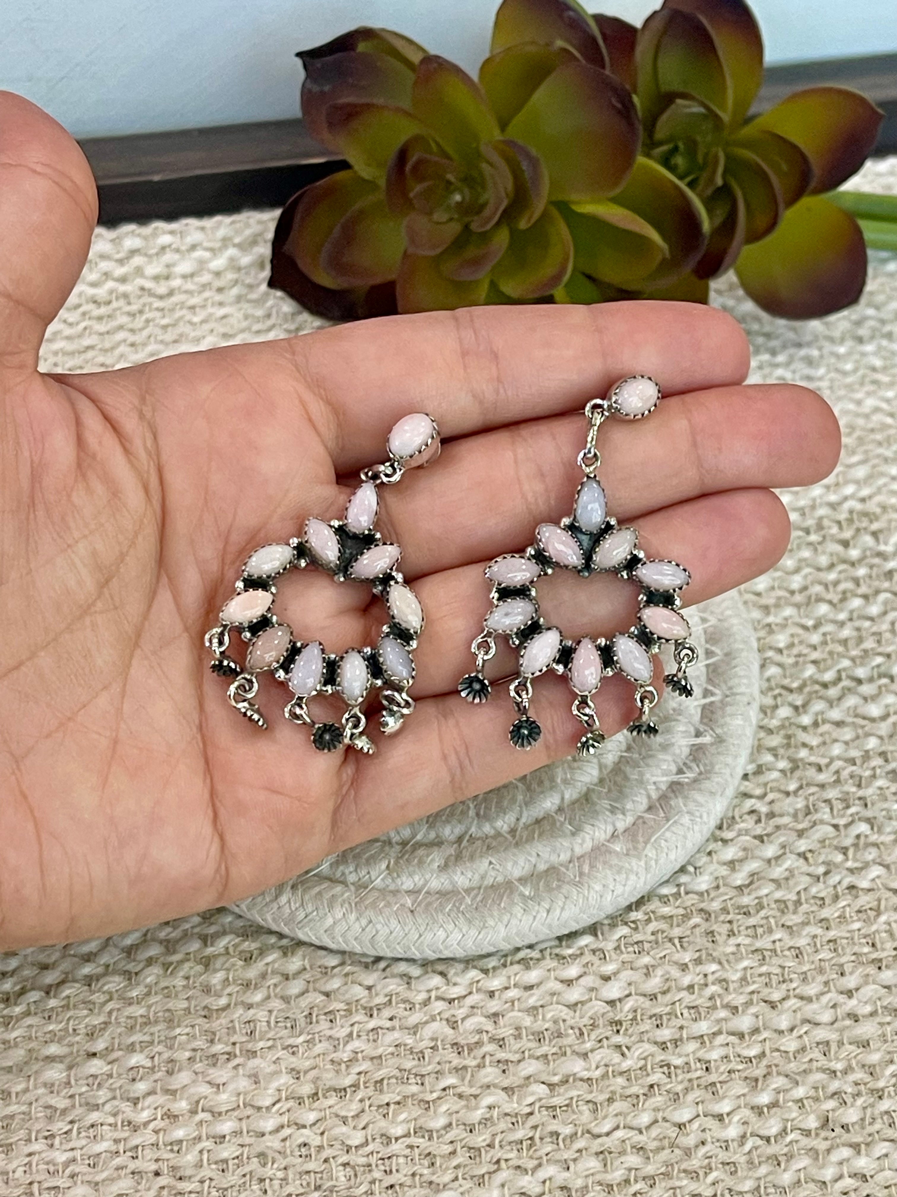 Handmade Pink Opal and Sterling Silver Cluster Dangle Earrings