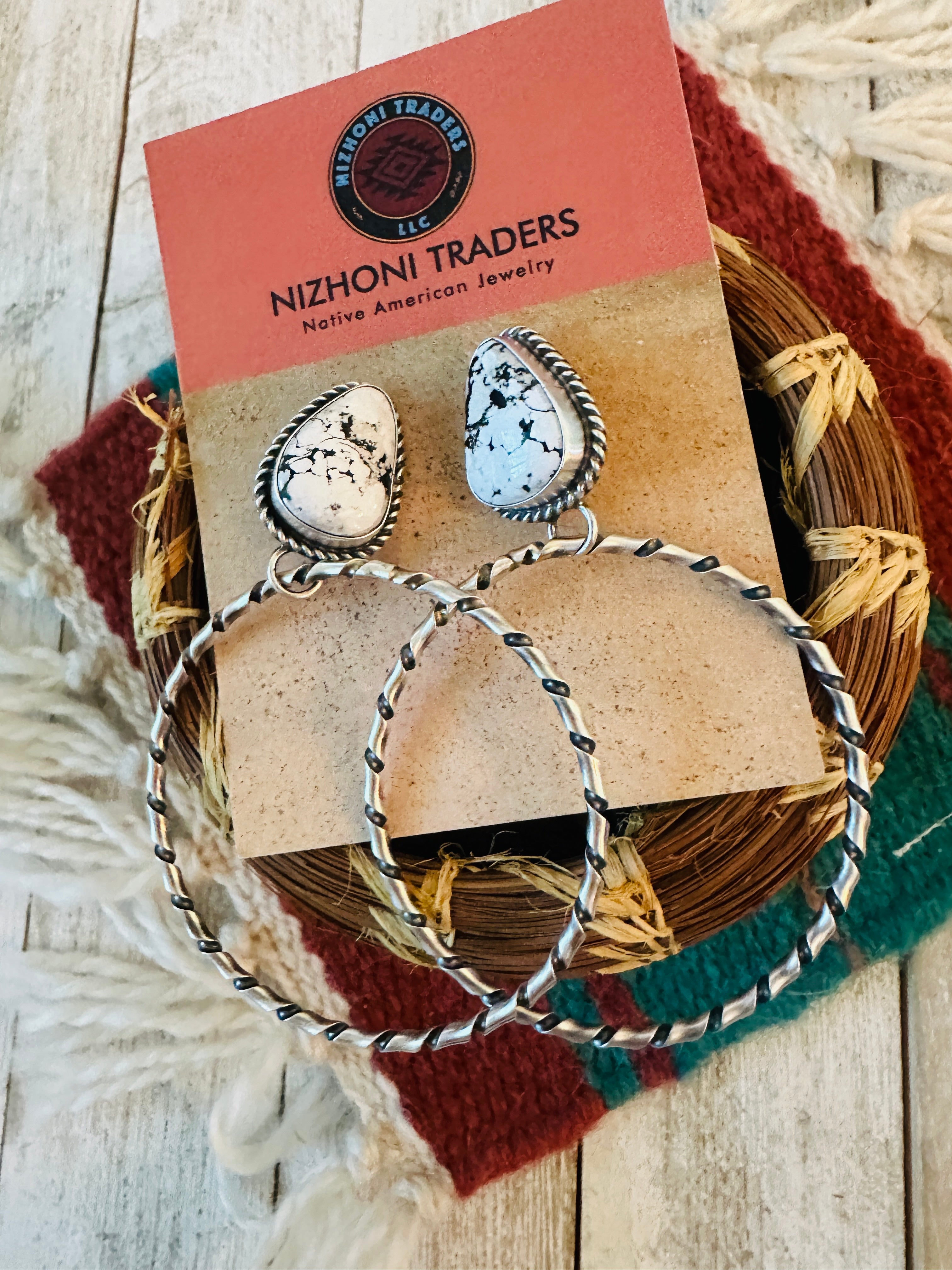 Navajo White Buffalo and Sterling Silver Dangle Hoop Earrings