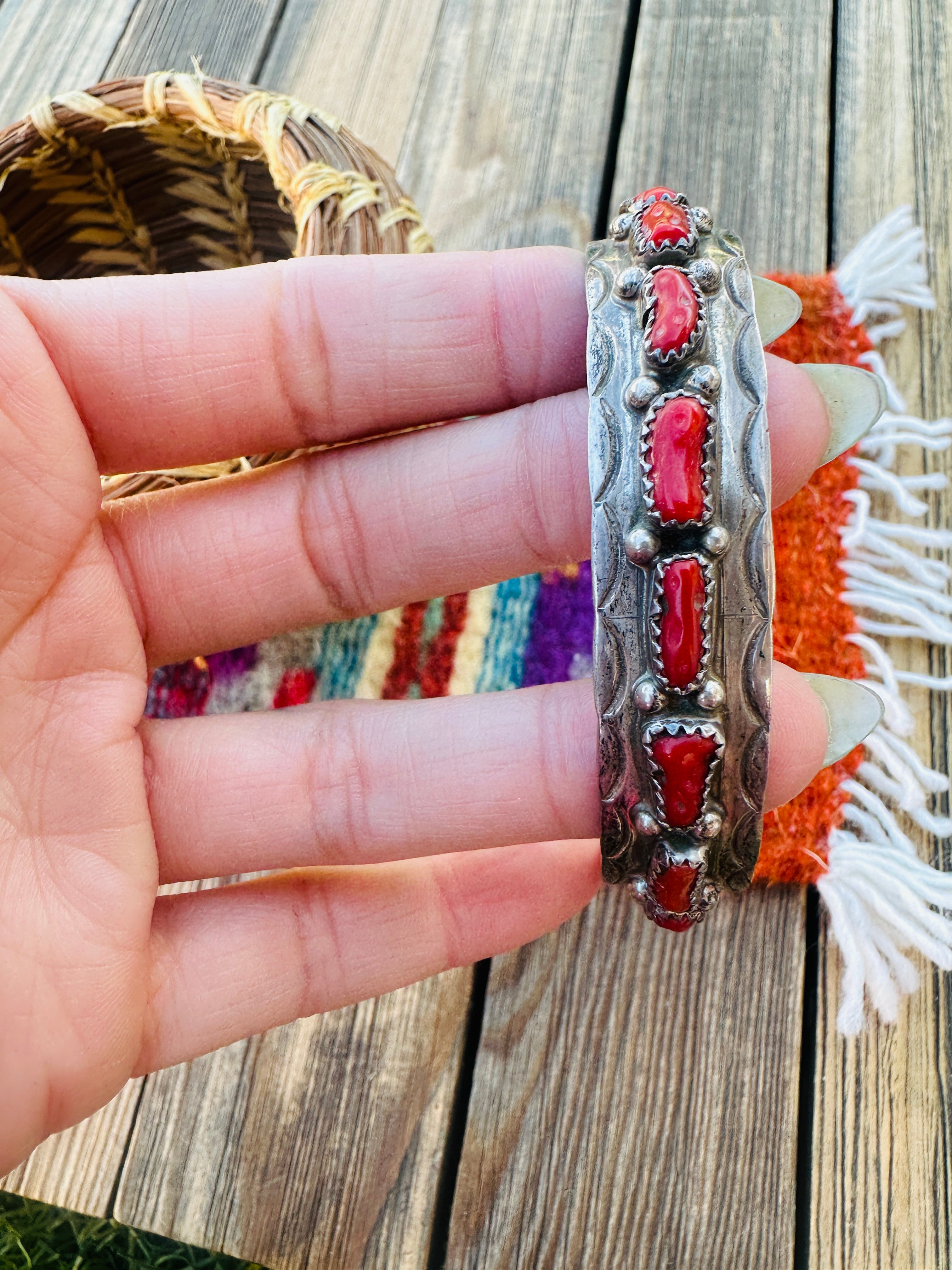 Handcrafted Old Pawn Sterling Silver & Coral Cuff Bracelet