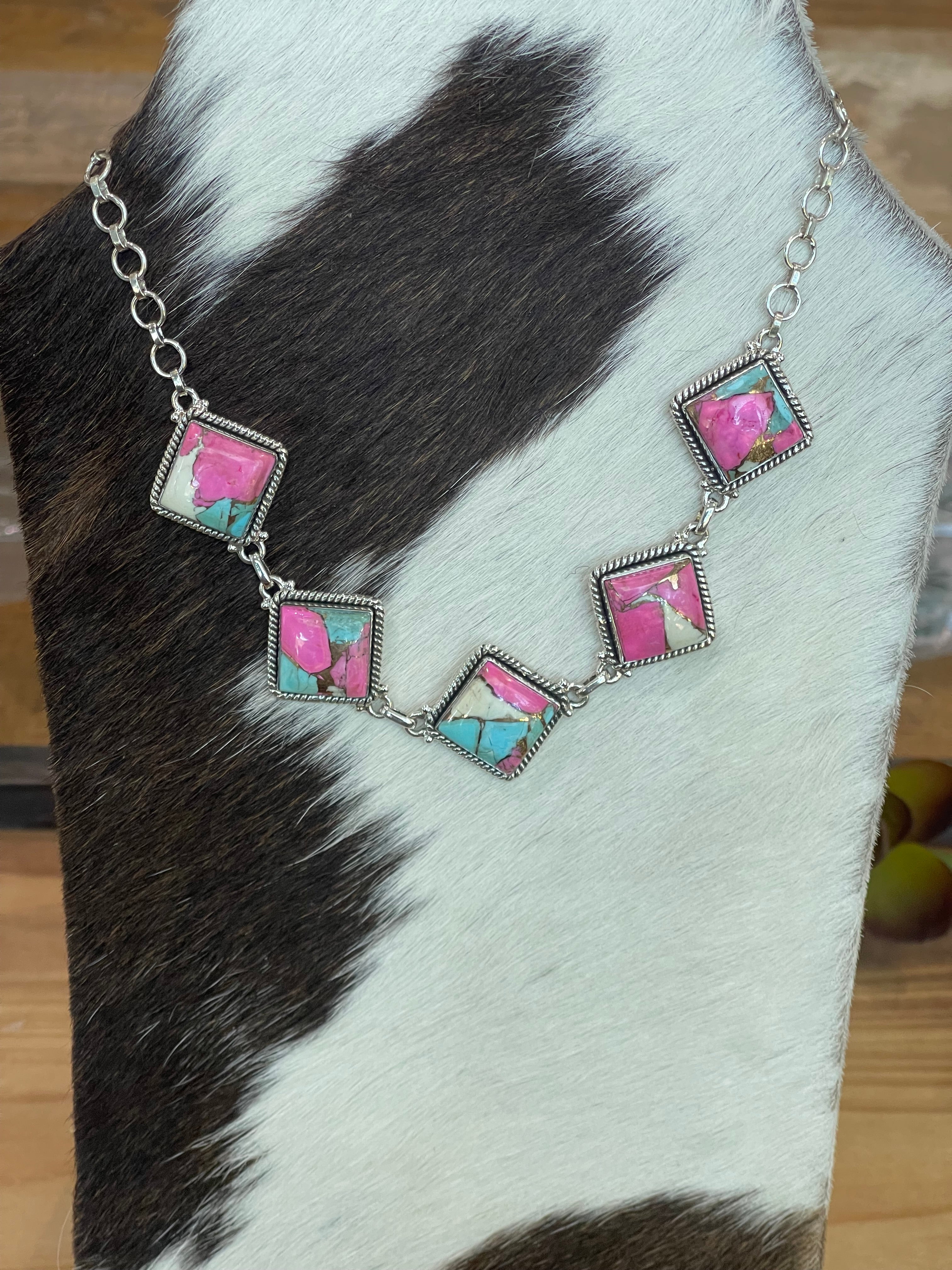 Handmade Sterling Silver Cotton Candy Turquoise Necklace with Signed Nizhoni