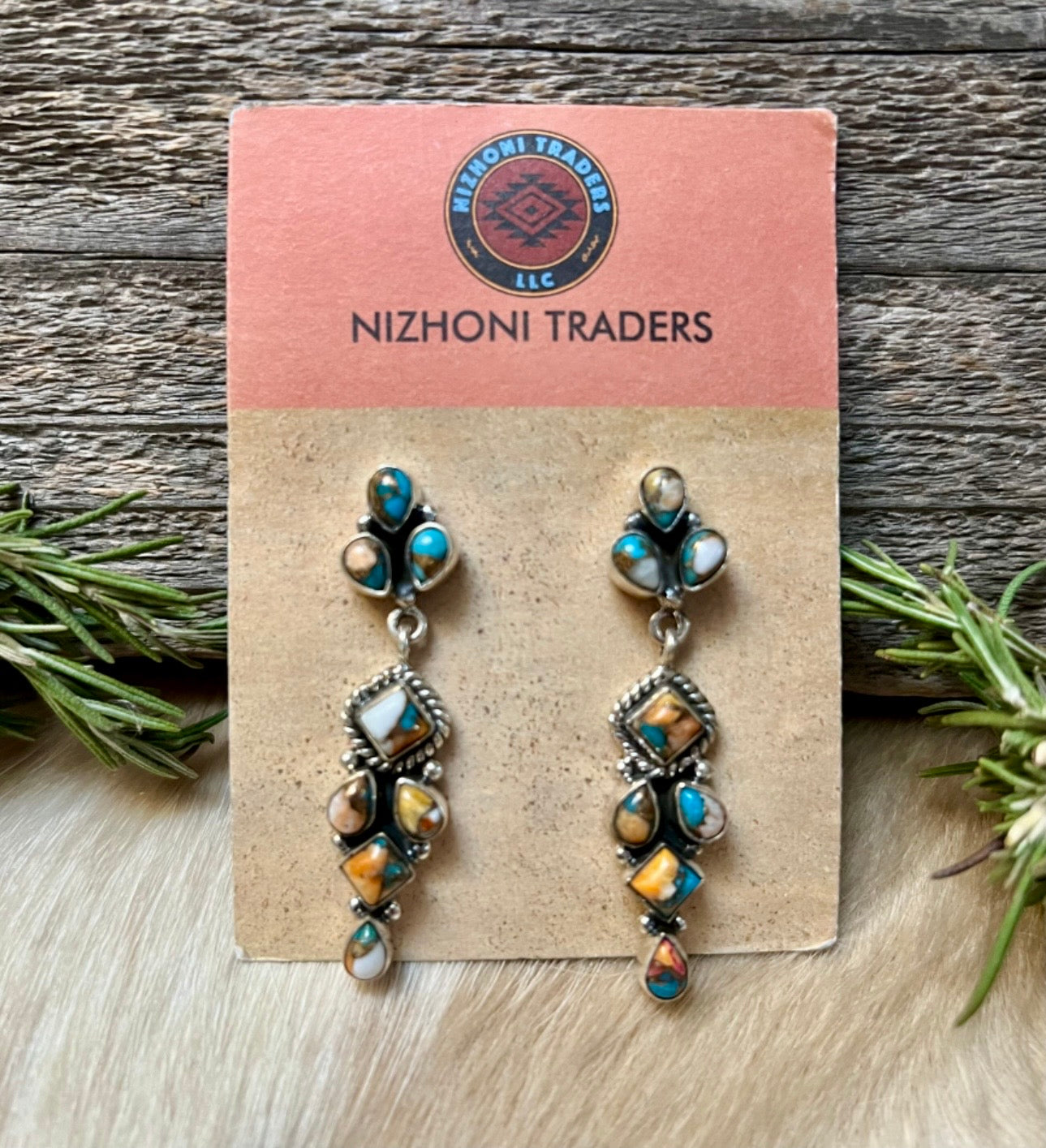 Handmade Spice- Spiny Oyster Turquoise Dangle Sterling Silver Earrings