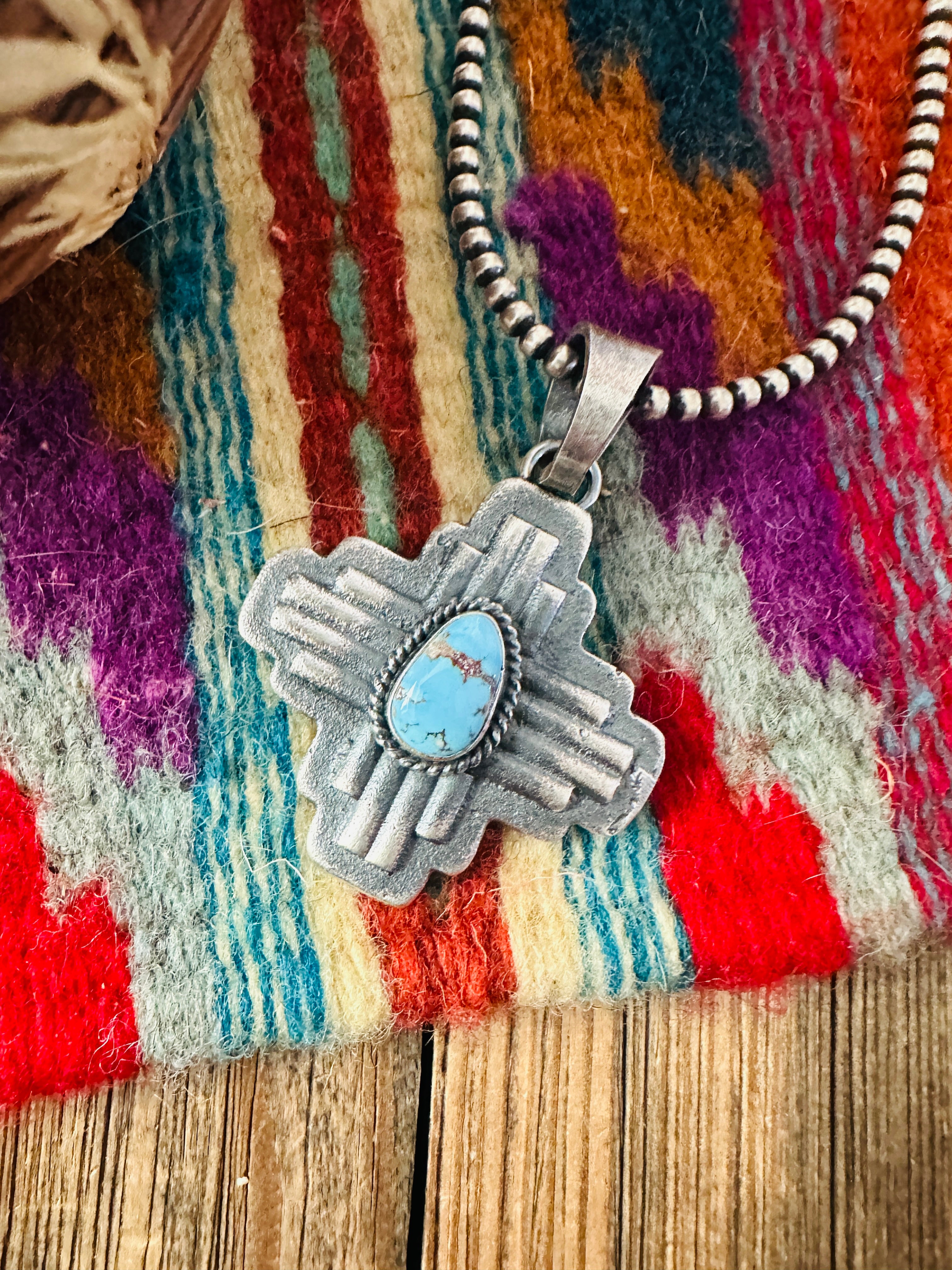 Handcrafted Sterling Silver & Golden Hills Turquoise Zia Cross Pendant by Kevin Billah
