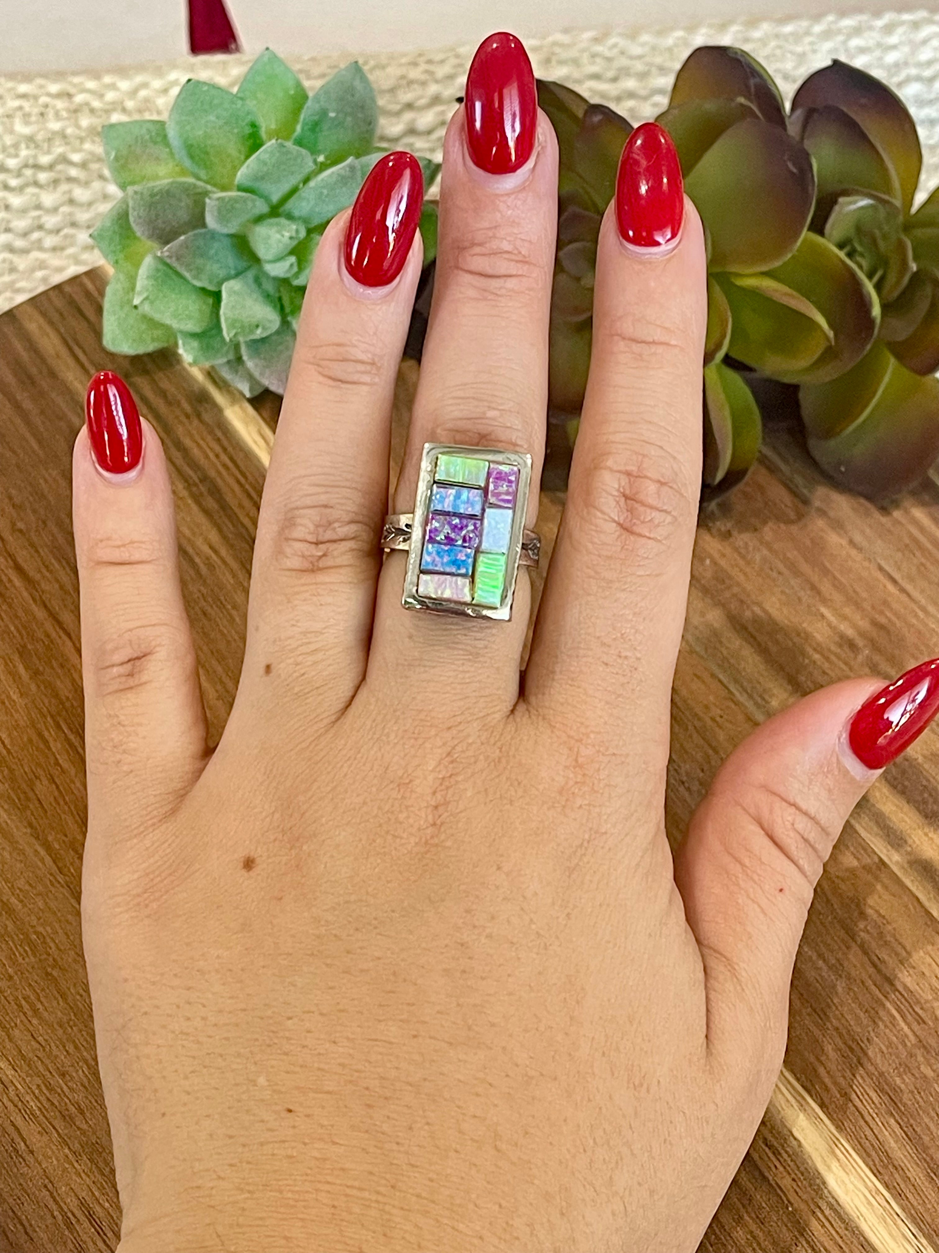 Handmade Sterling Silver & Multi Stone Inlay Ring Size 7.75