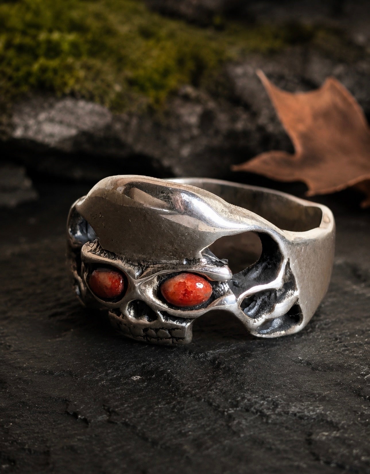 Sterling Silver Skull Ring With Coral