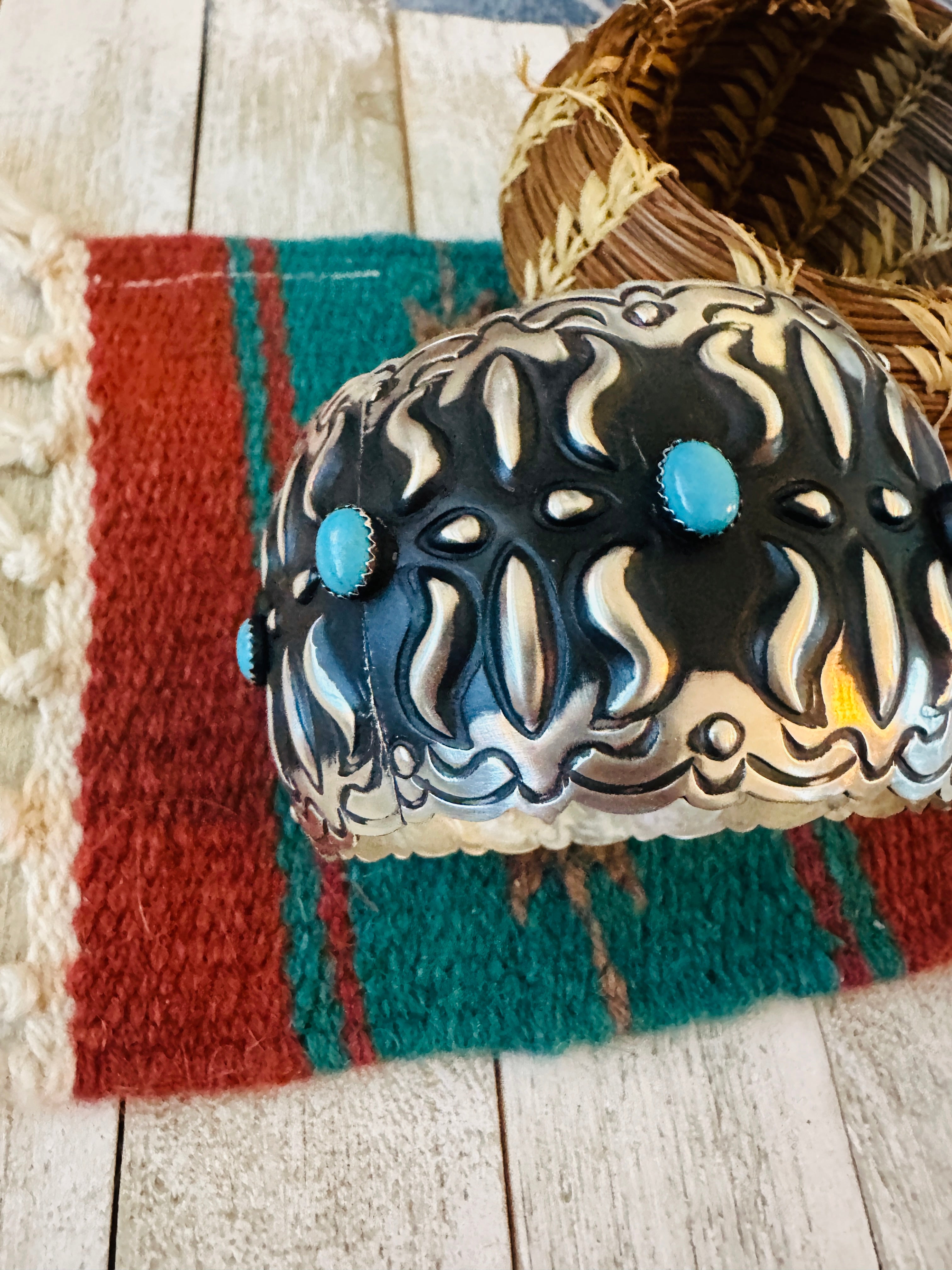 Handcrafted Sterling Silver & Turquoise Bangle Bracelet by Leander Tahe