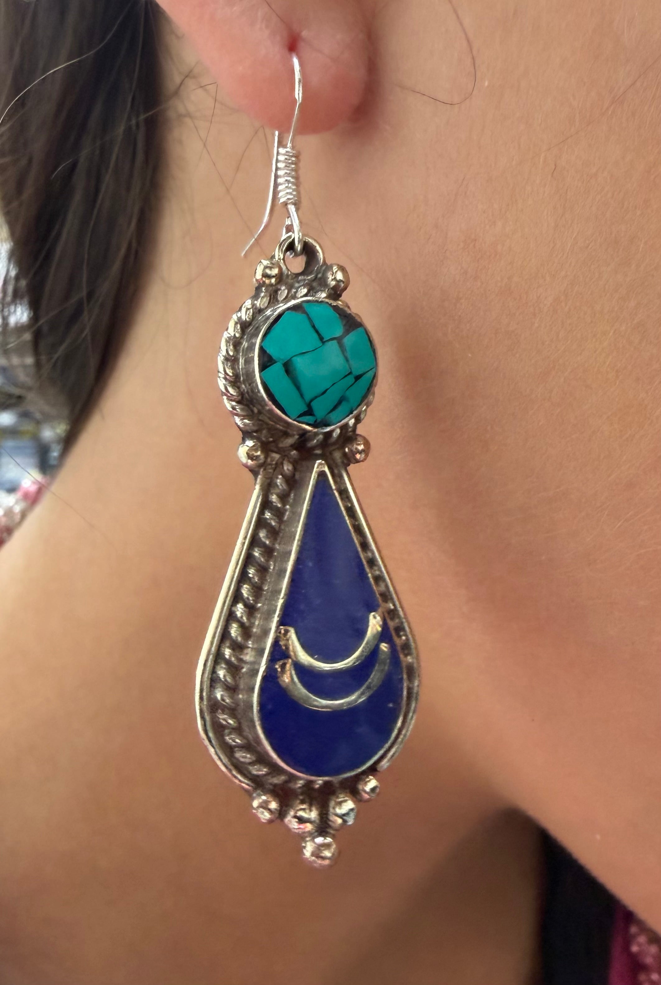 Turquoise & Lapis Crescent Drop Earrings – Southwestern Style