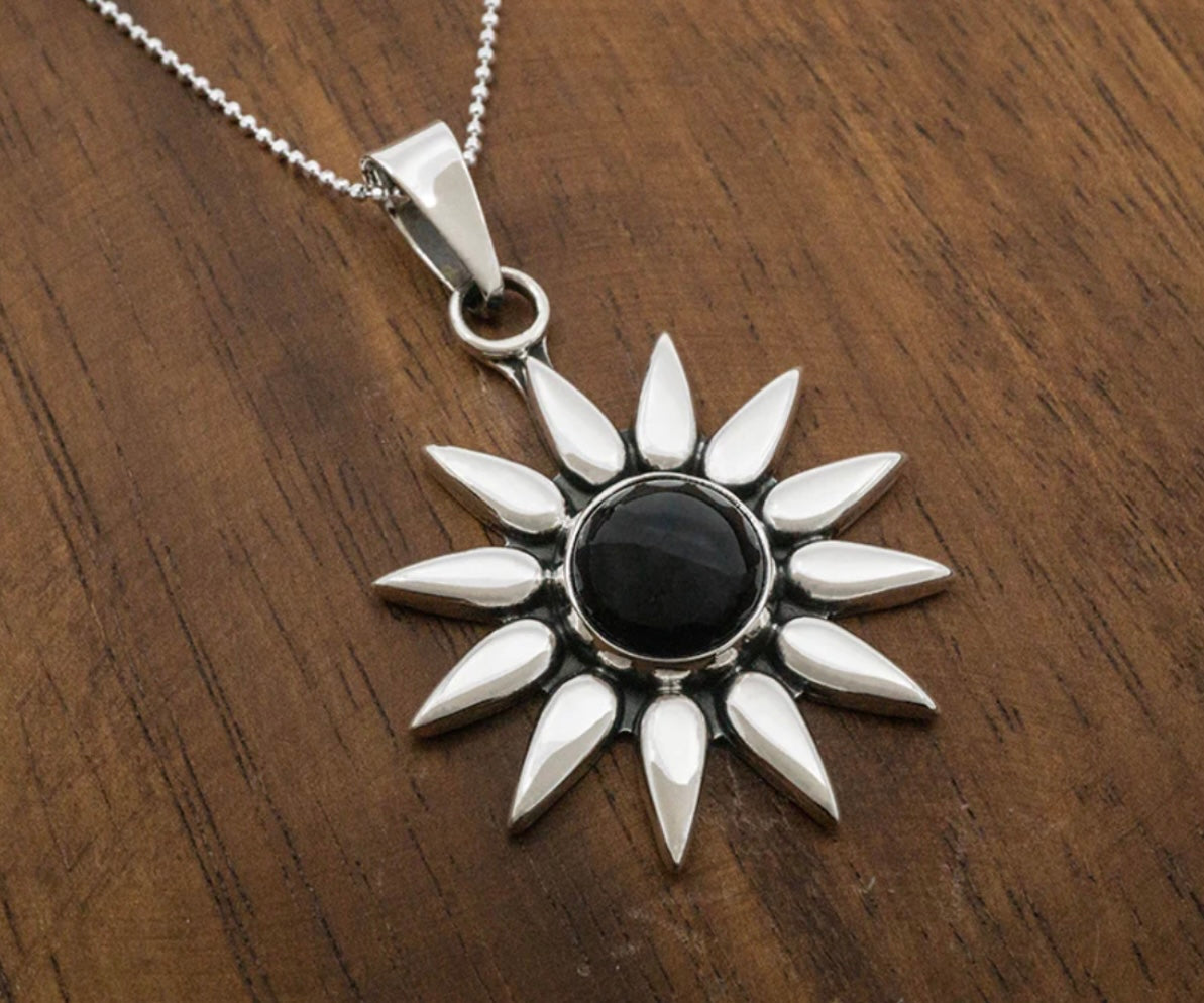 Mini Black Sunburst Pendant Necklace