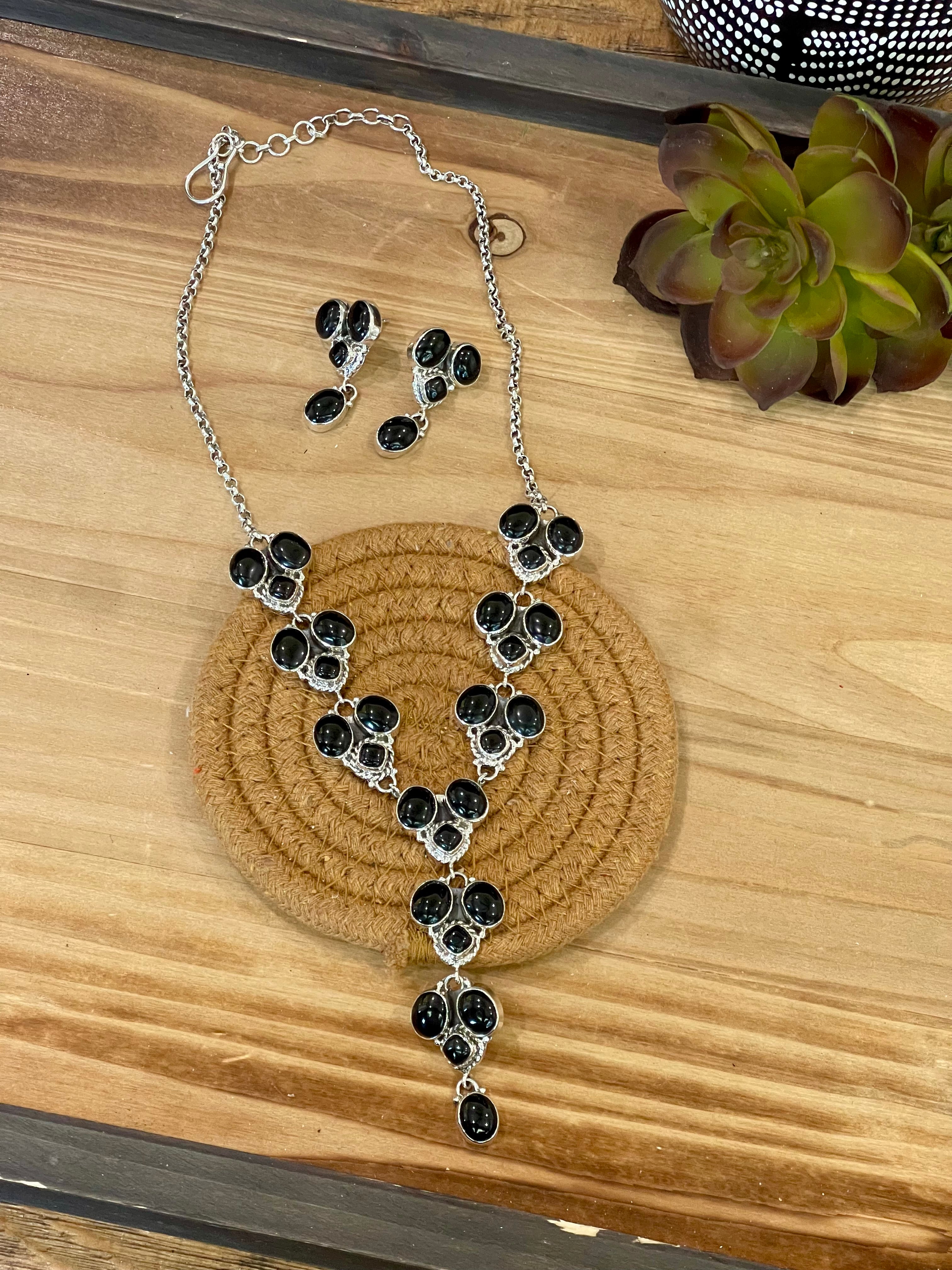 Beautiful Handmade Sterling Silver & Onyx Necklace And Earring Set
