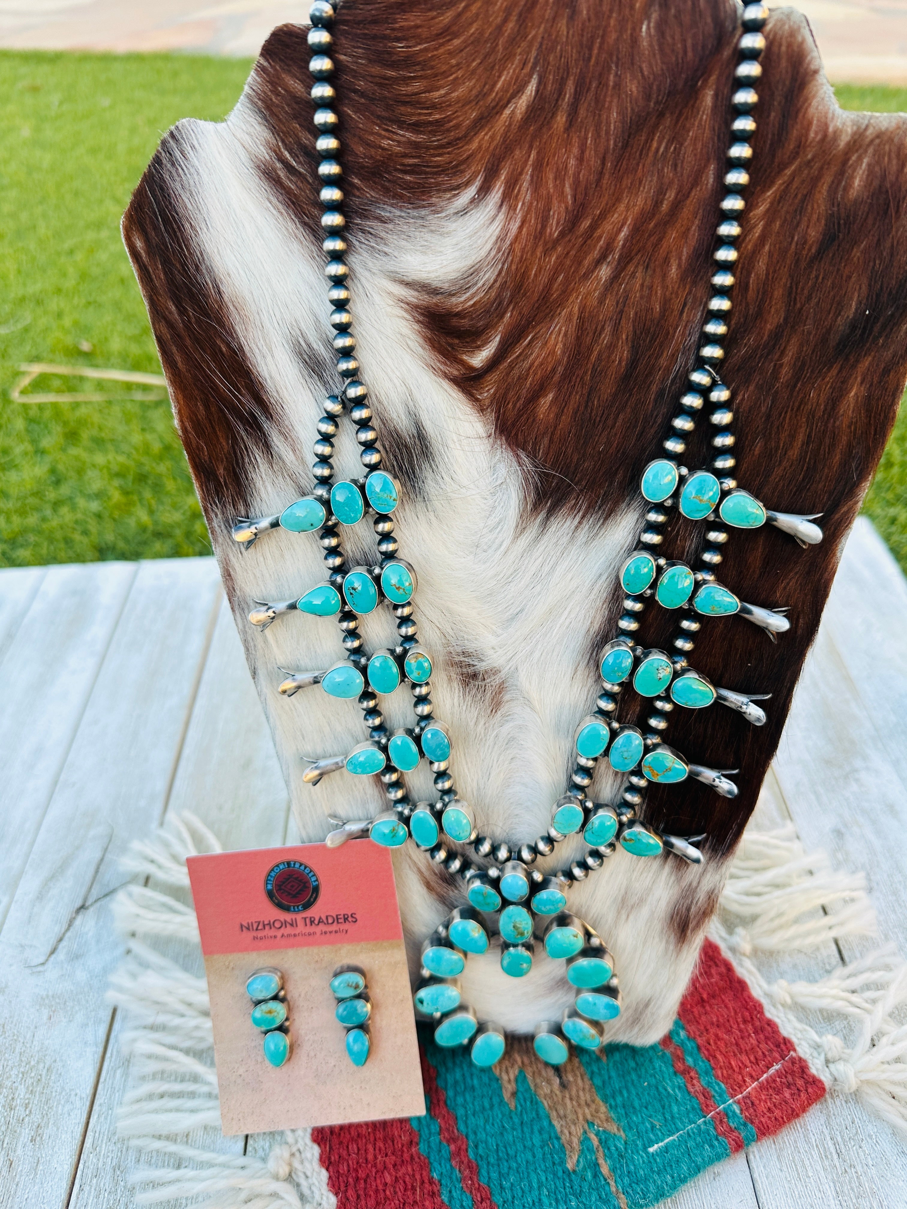 Handcrafted Carico Lake Turquoise & Sterling Silver Squash Blossom Necklace and Earring Set