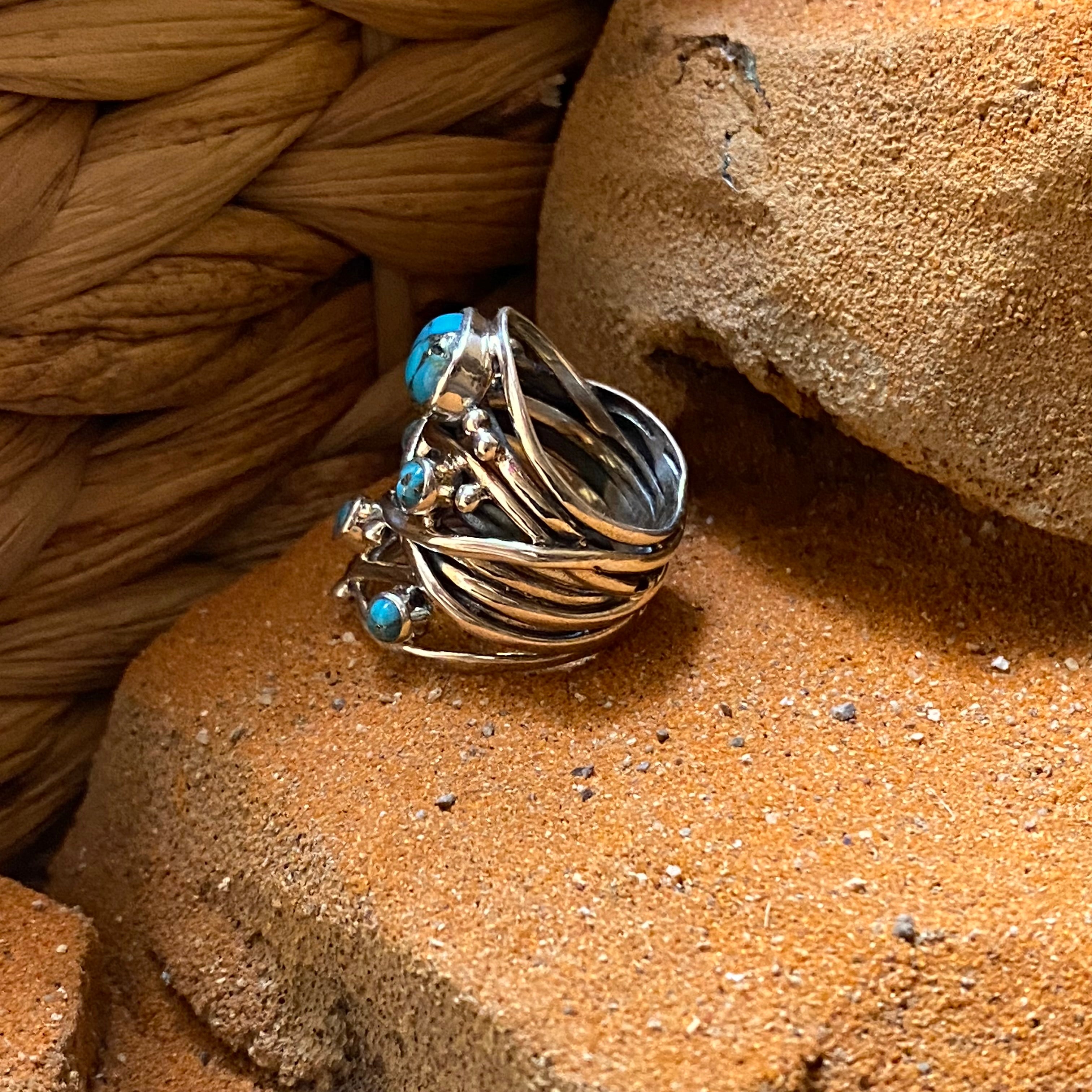 Sterling Silver Five Stone Copper Turquoise Strand Ring Size 6.75