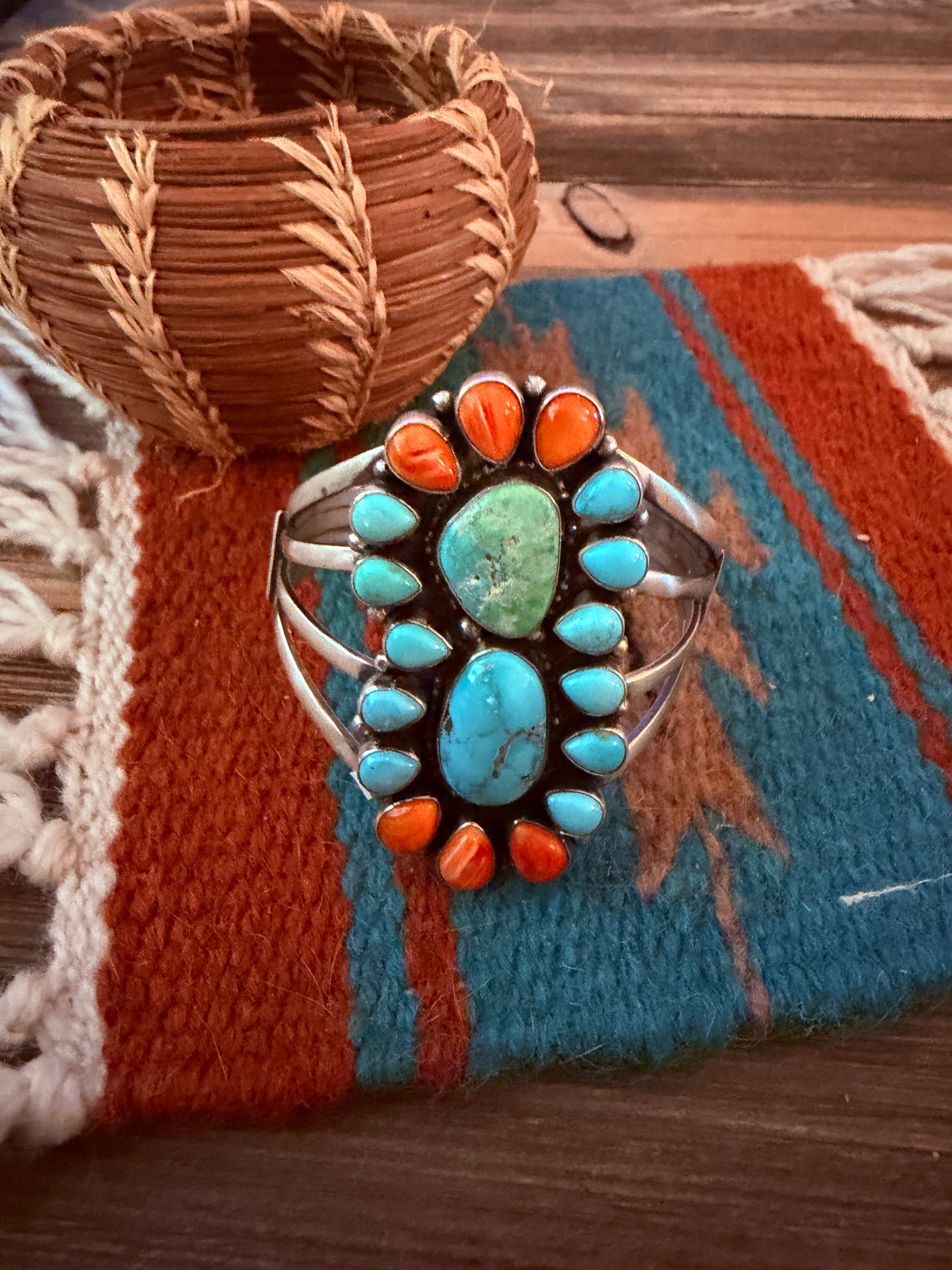 Handcrafted Turquoise, Orange Spiny & Sterling Silver Cuff Bracelet by Sheila Becenti
