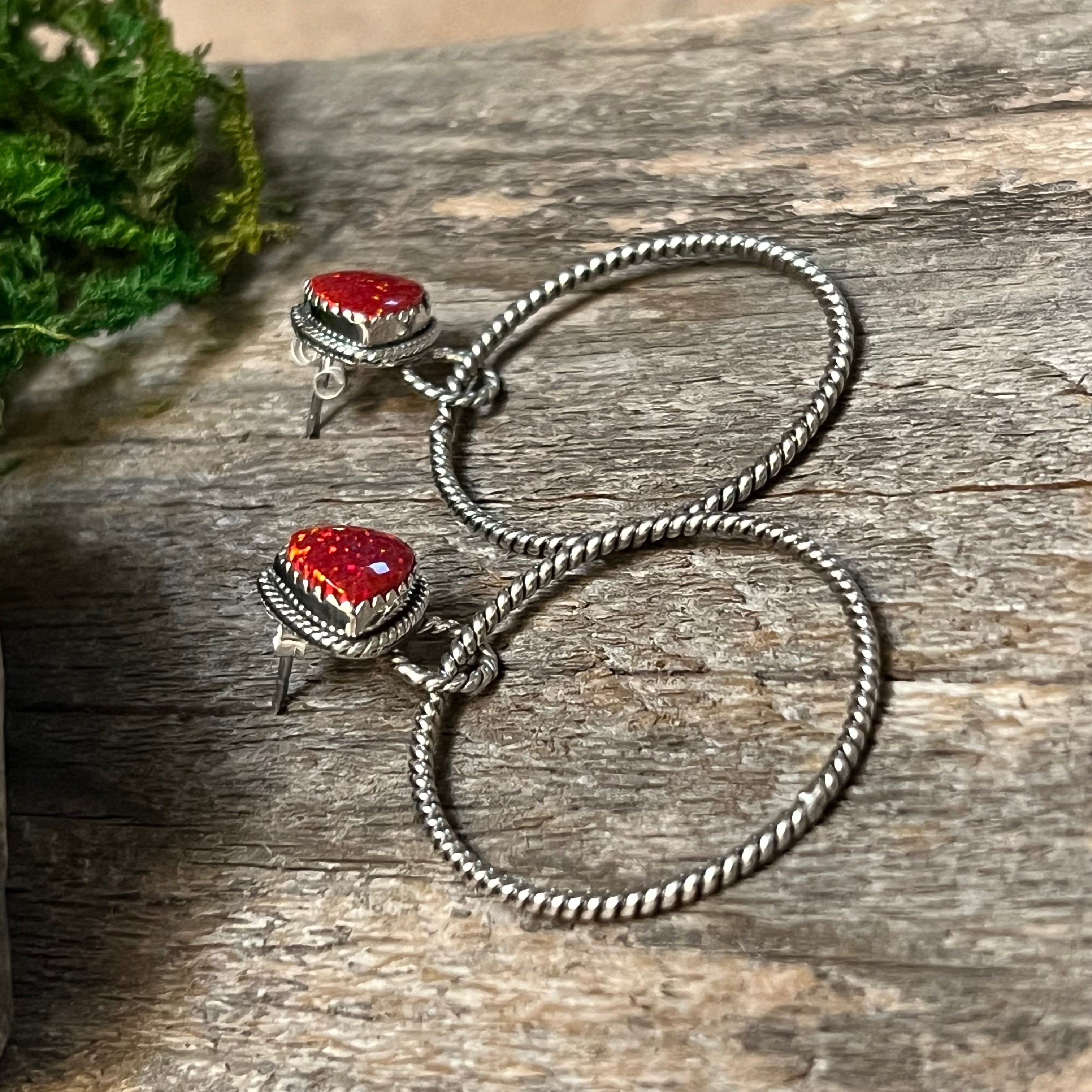 Handmade Fire Red Speckled Opal Sterling Silver Hoop Earrings